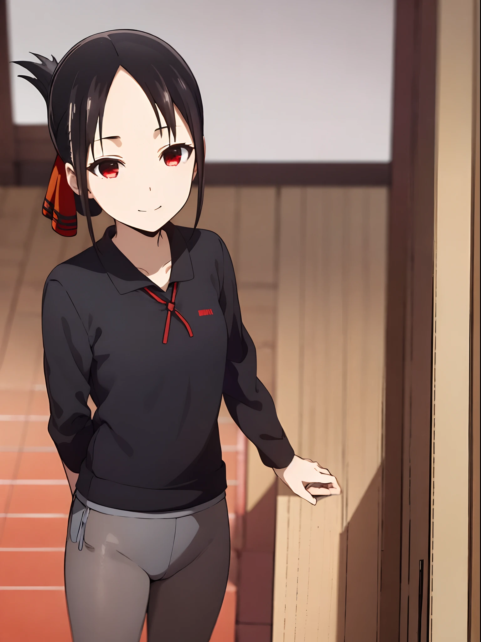 best quality, (masterpiece:1.2), detailed,
shinomiya kaguya,
1girl, solo, closed mouth, light smile,
black hair, red eyes, short hair, folded ponytail, hair ribbon,
Black Bikini、swim wears、Slightly bulging red ribbon,
standing, looking at the viewer,
classroom