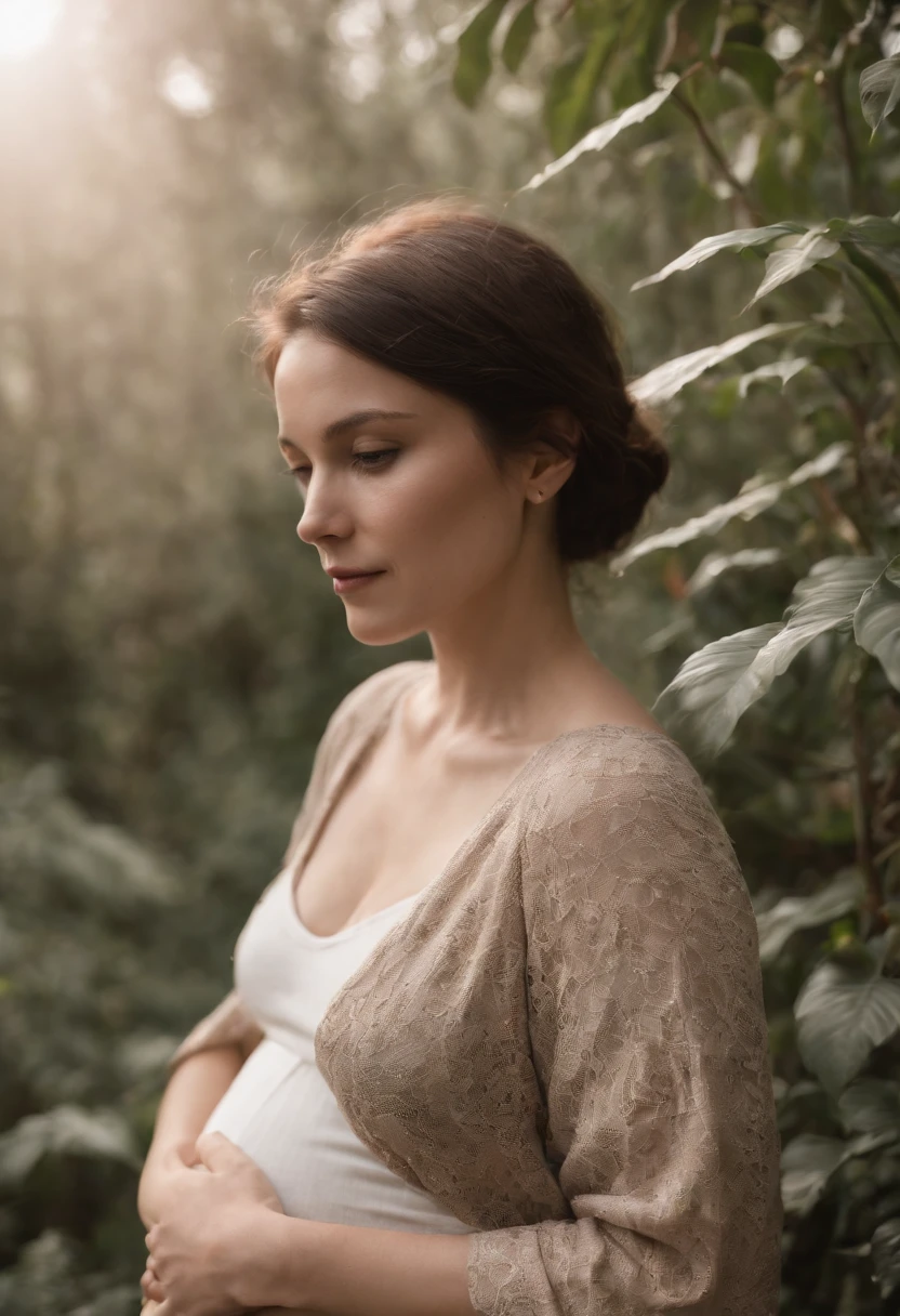 pregnant woman in cJungle, in the style of dark beige and beige, grid-based, highly textured, soft, photo taken with provia, folk/naïve,highly detailed,photo taken with fujifilm superia, charly amani,short hair, sunny day, full body, high quality photo