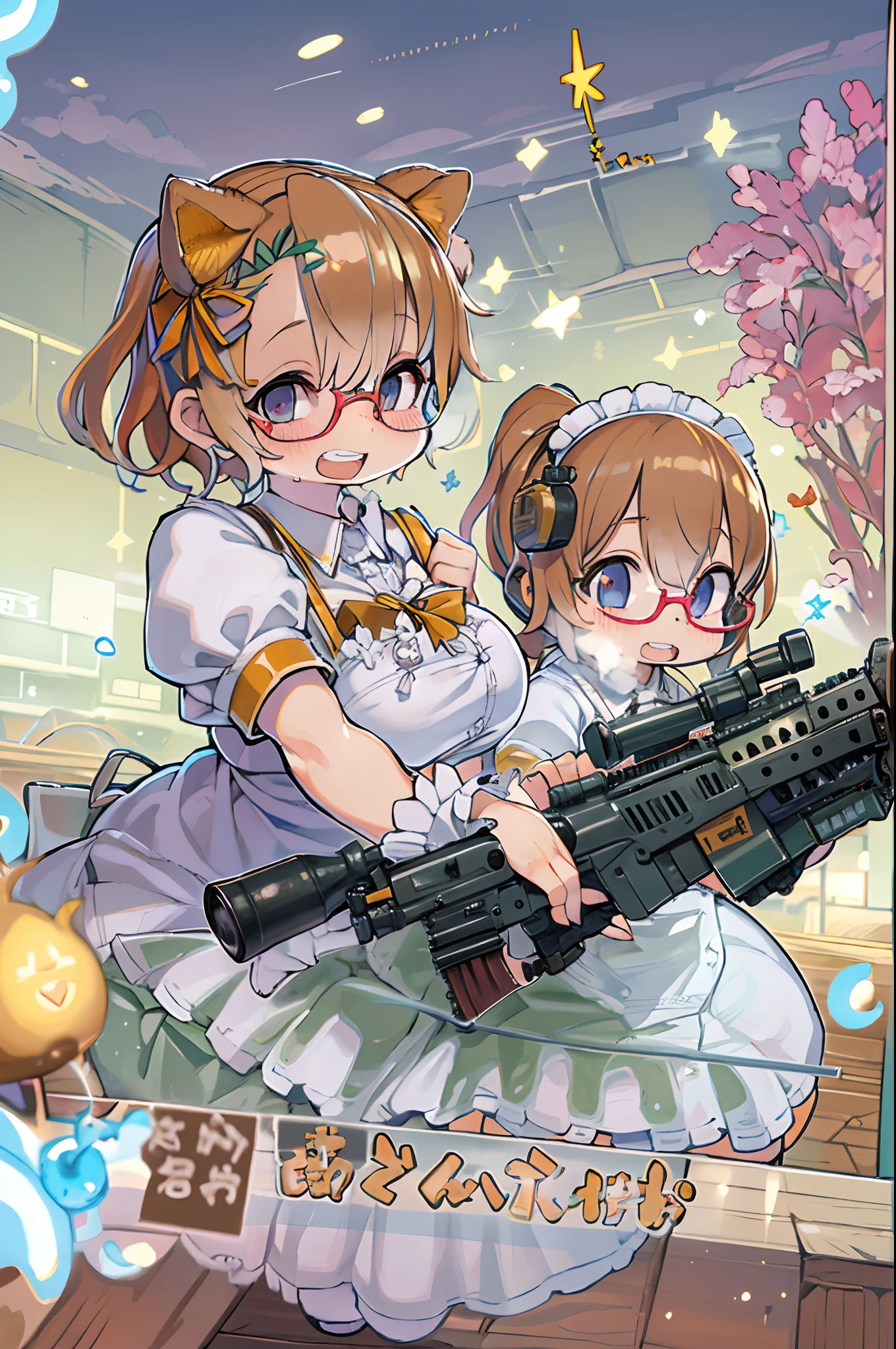 masutepiece, Best Quality, 1girl in, Empty eyes, Utsurome, maid, Smile,a child girl,Lori,(((Huge assault rifle))),rocket launcher、Multiple girls、big round glasses,double tooth
