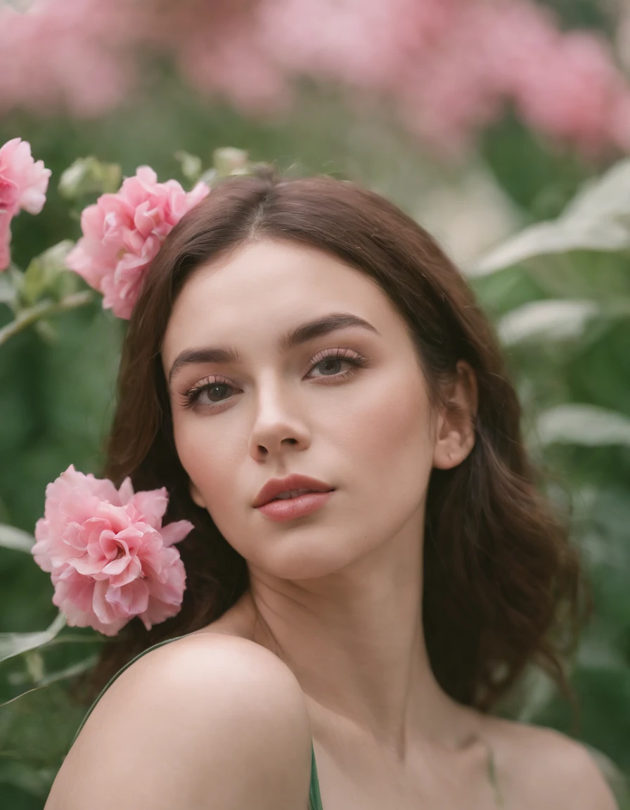 A young woman blows a kiss with pink and green flowers on a white background, ((light)), in the style of a sculptural arrangement, unicorn core, photo taken with Nikon D750, Harlem Renaissance, Indonesian art, Snapshots of urban life with bold, dramatic forms,(medium shot)