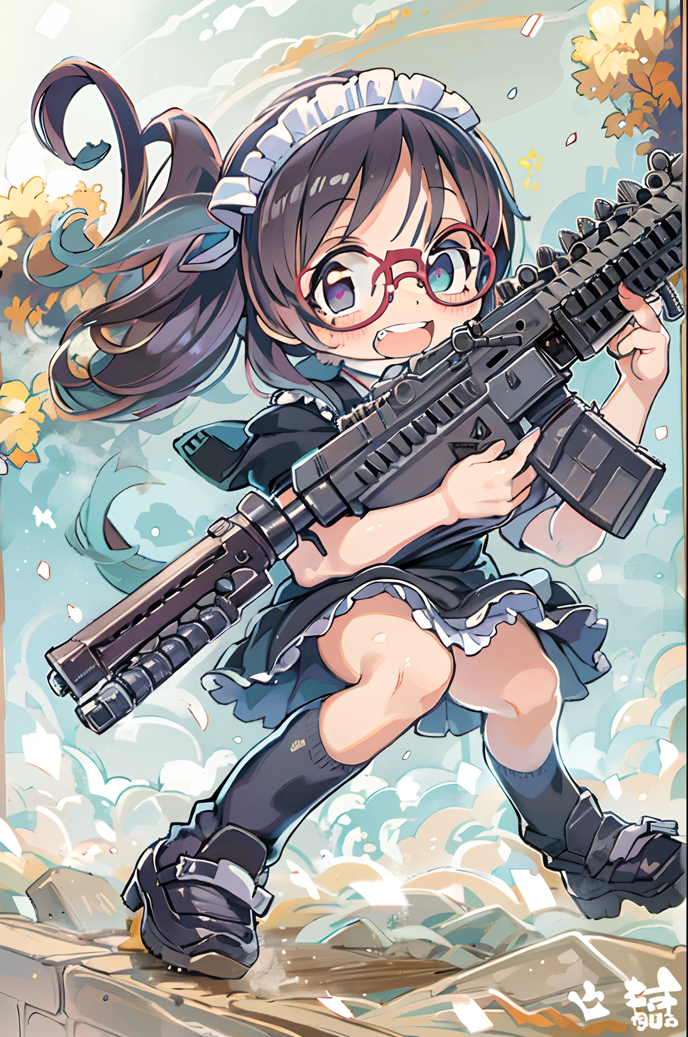 masutepiece, Best Quality, 1girl in, Empty eyes, Utsurome, maid, Smile,a child girl,Lori,(((Huge assault rifle))),rocket launcher、Multiple girls、big round glasses,double tooth
