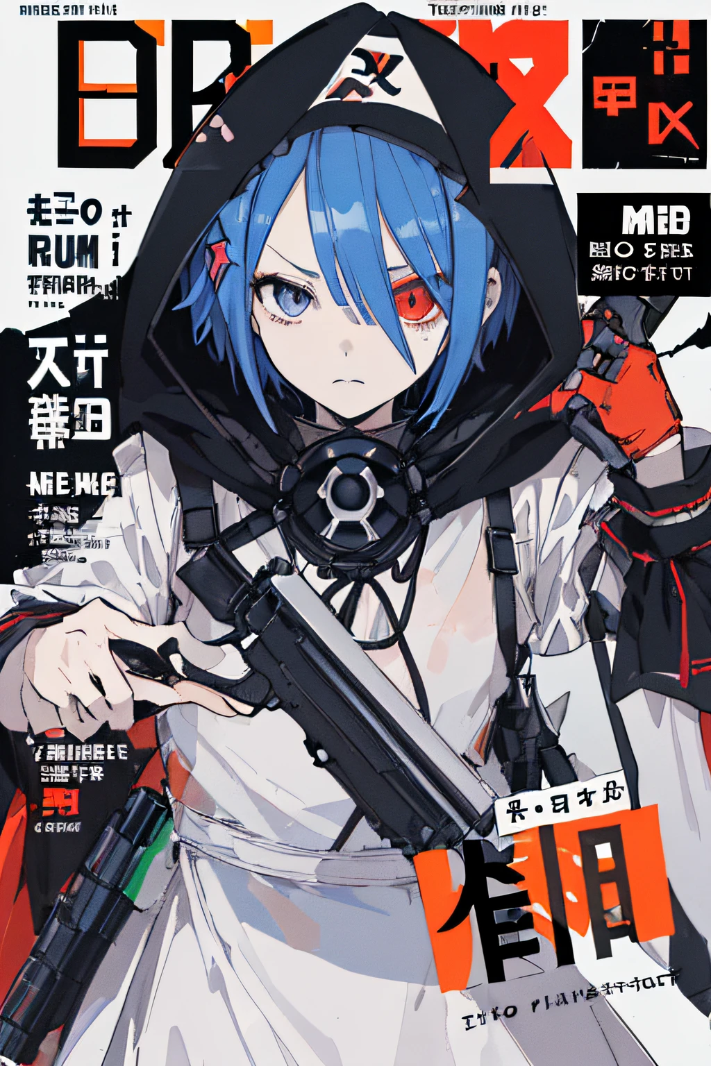 ((((Dramatic)))、(((gritty)))、(((vehement))She stands confidently.、、I have a determined look on my face。The background is dark and rough、Makes you feel danger and strength。The color palette is predominantly dark、There are splashes of bright colors、
(magazine:1.3), (cover-style:1.3), Blue-haired,Rezero、Maids、Remu、Hide one eye with hair、I'm wearing a hood。、(Apex:1.4)、Has a machine gun。