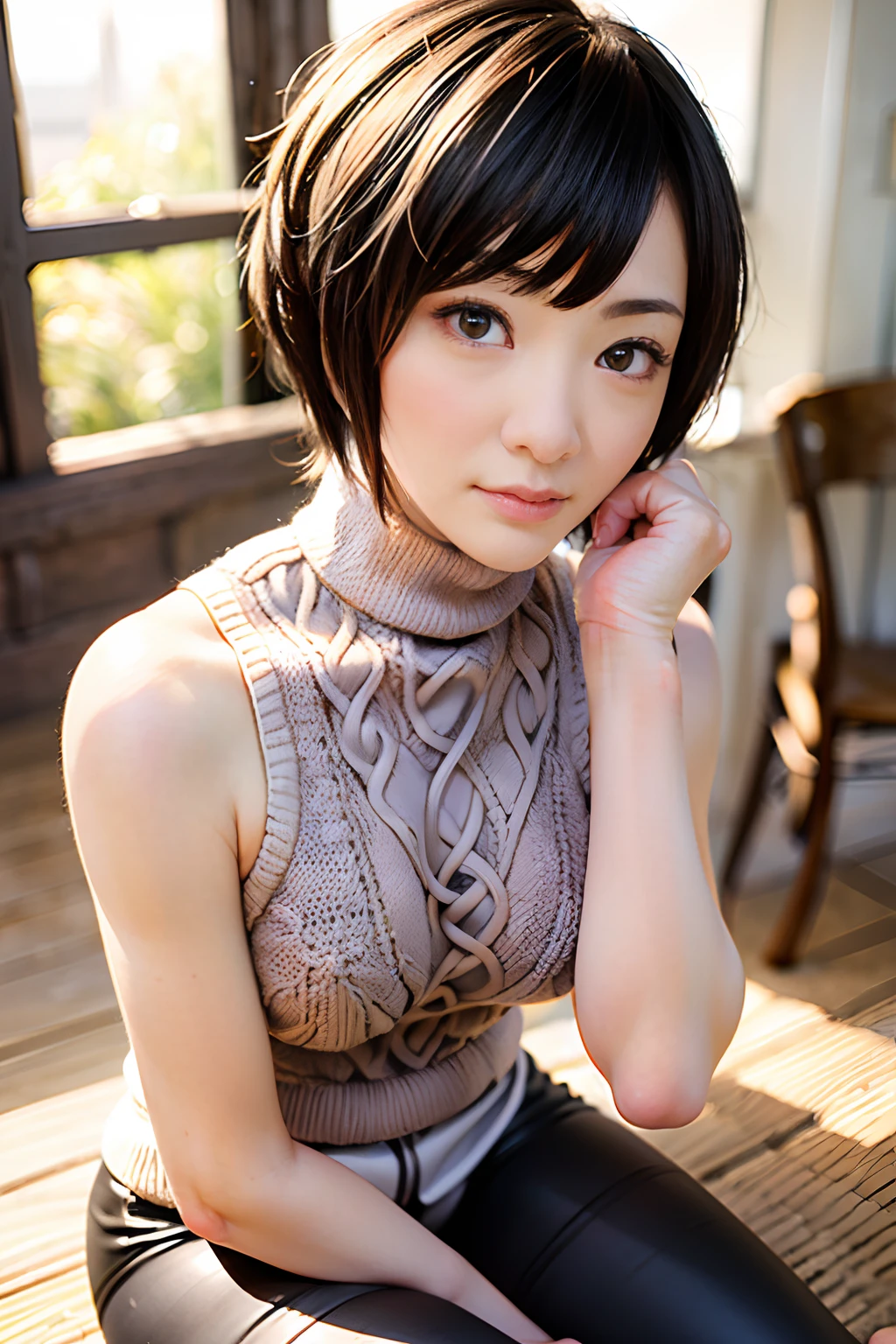 ((pixie_cut short_hair):1.2), 8K、Raw photography。top-quality、high_quality、Extreme_Detail_Photography、Eye for extreme detail、Super Detail Face、Hair in super detail、Super detail body、(Photography Lighting:1.3)、1girl、Puffy eyes、Eyes in good shape。Brown-eyed、dark brown short hair、good lips、Small lips、Raw photo, Best Quality, masutepiece, ultra-detailliert, (cable knit sleeveless turtleneck :1.5), 超A high resolution, Realistic,wide_angle, pouting, tiny head, big breasts, big hips, (thick thighs:1.6), (black leggings:1.4), ((((solo)))), glasses