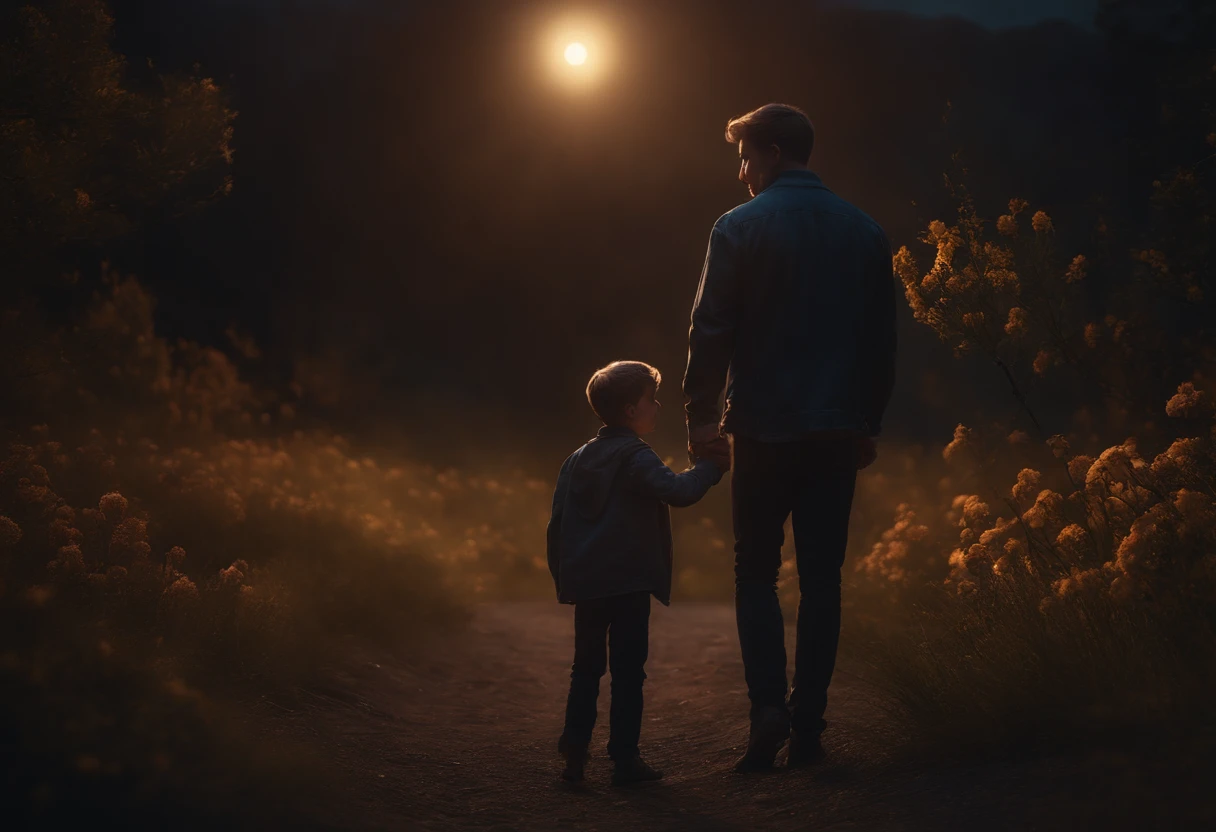 21  Boy With a Broken Heart in hand AND 5 YEAR OLD SON PLAYING, NIGHTTIME, FLOWERS, NATURE, MOONLIGHT, REALISTIC, 8K, resolution concept art portrait by CAUCASIAN, REALISTIC, detailed matte painting, deep color, fantastical, intricate detail, splash screen, complementary colors, fantasy concept art, 8k resolution trending on Artstation Unreal Engine 5"make it Look Sad Depressed dreamy