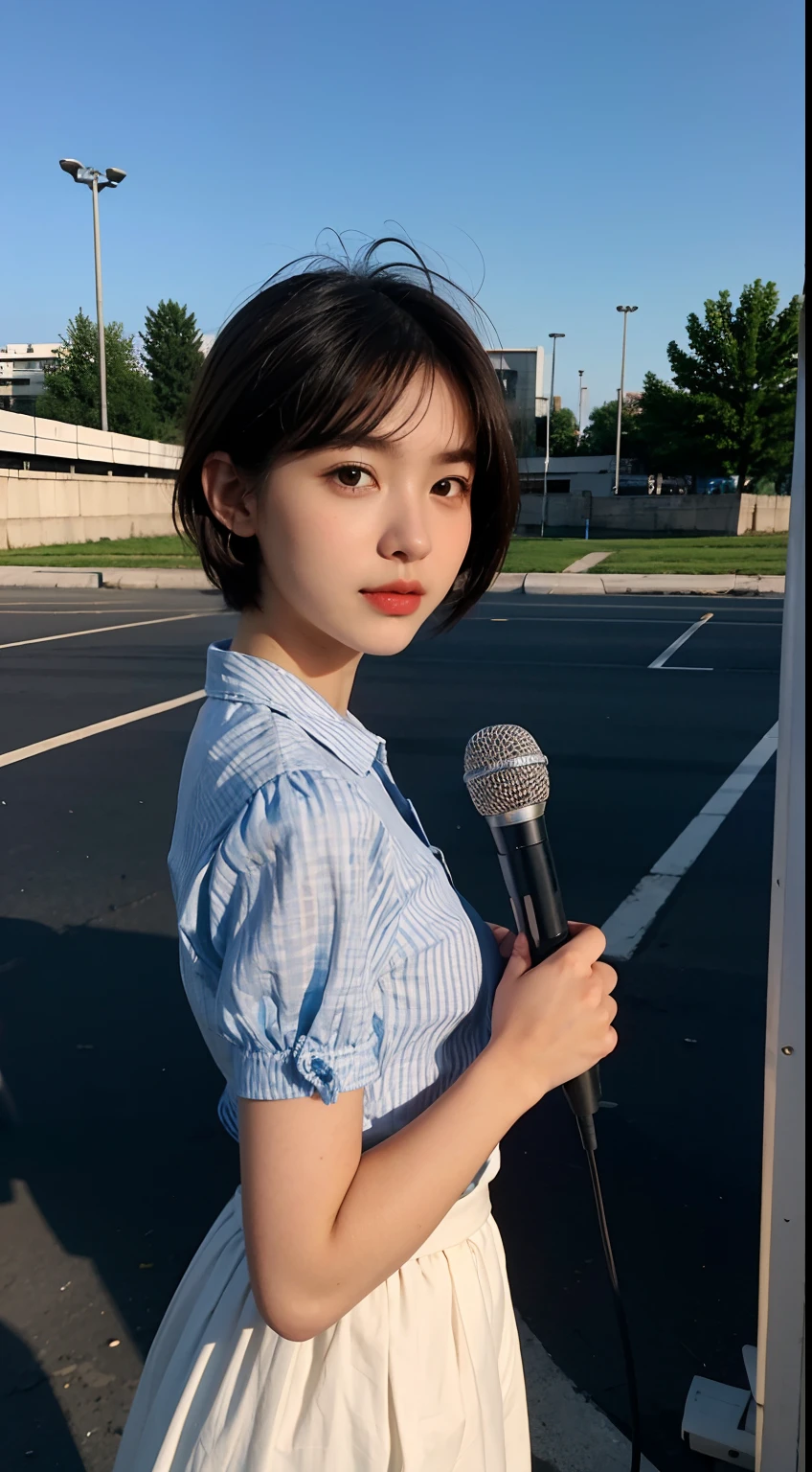 teens girl,photographers,gentle and cute,short detailed hair,Portable microphone,Reporter,aerodrome,long skirt,occupation:the reporter interviews,Girl holding Nikon camera