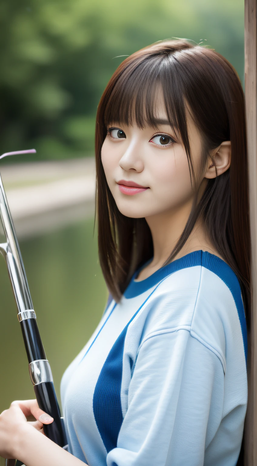 ((Phishing))、fishing rod、Mare、a river、(masterpiece、top-quality) 、kawaii、(Colossal tits:1.2)、((20 year old woman:1.2))、Young adorable Japan face, ,Soft portrait shots,in 8K,、Young cute gravure idol、、Young gravure idols、model in Japan