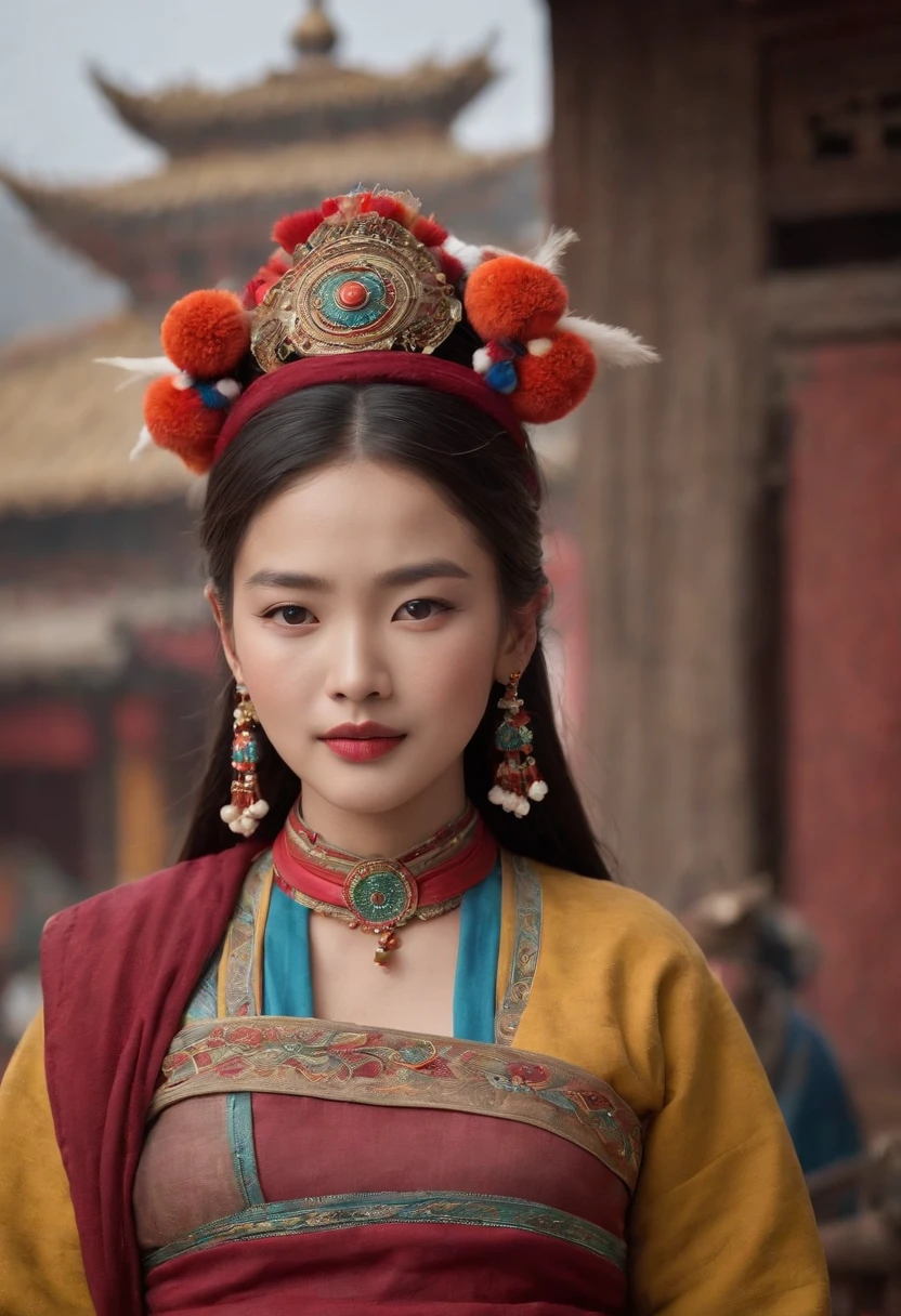 (masterpiece, best qualtiy, realisticlying:1.37), (Complex and sophisticated,Highly detailed skin and face), (1girl), standing on your feet, a beauty girl, Tibetan clothing, Colorful costumes, Fleece collar, Padded collar,High-end Tibetan clothing, Cumbersome Tibetan costume design, Warm clothing,Winter clothing, Appearance Yang Chaoran, Rounded face shape, Gorgeous Tibetan costumes, Cumbersome Tibetan necklace, Cumbersome Tibetan headdress, Colored headband,cinematic pastel lighting, 8k wallpaper, Solidarity,art stations, (medium close-up)