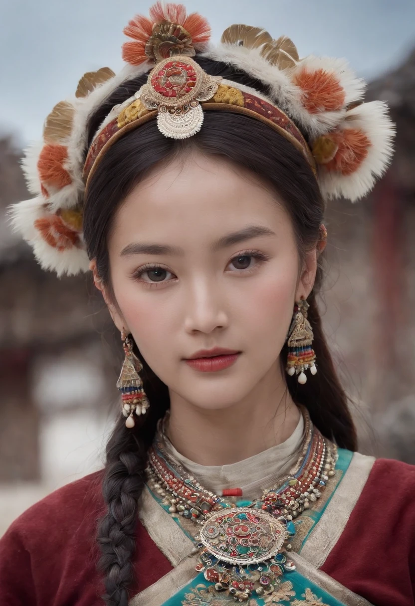 (masterpiece, best qualtiy, realisticlying:1.37), (Complex and sophisticated,Highly detailed skin and face), (1girl), standing on your feet, a beauty girl, Tibetan clothing, Colorful costumes, Fleece collar, Padded collar,High-end Tibetan clothing, Cumbersome Tibetan costume design, Warm clothing,Winter clothing, Appearance Yang Chaoran, Rounded face shape, Gorgeous Tibetan costumes, Cumbersome Tibetan necklace, Cumbersome Tibetan headdress, Colored headband,cinematic pastel lighting, 8k wallpaper, Solidarity,art stations, (medium close-up)