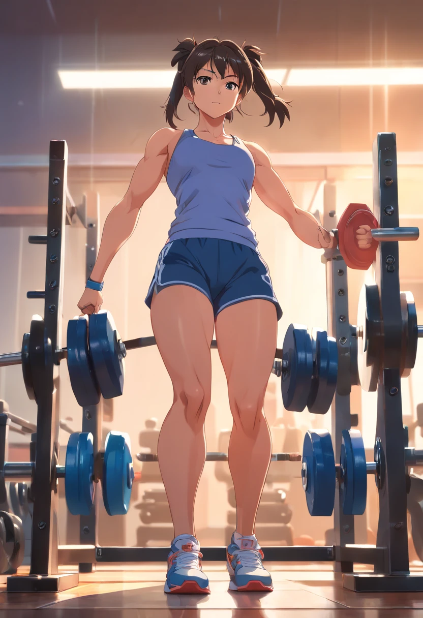 (best quality,ultra-detailed,photorealistic:1.37),goku,powerful muscular body,exerting tremendous strength,lifting heavy weights,muscle definition,numerous bulging veins,sweat dripping,training intensity,body in motion,physically demanding,heavier barbells and dumbbells,focus and determination,fitness trainers giving advice,mirrors reflecting goku's progress,vivid colors,studio lighting,weight and power training,stamina and endurance training,dumbbell curls,squatting with a barbell,bench press exercises,fitness equipment,exhaustion and perseverance,workout environment with energetic atmosphere,inspiring music playing in the background.