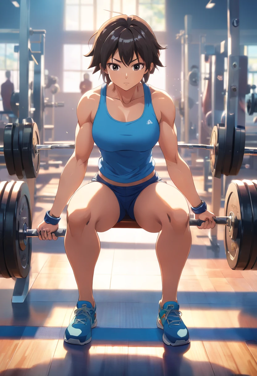 (best quality,ultra-detailed,photorealistic:1.37),goku,powerful muscular body,exerting tremendous strength,lifting heavy weights,muscle definition,numerous bulging veins,sweat dripping,training intensity,body in motion,physically demanding,heavier barbells and dumbbells,focus and determination,fitness trainers giving advice,mirrors reflecting goku's progress,vivid colors,studio lighting,weight and power training,stamina and endurance training,dumbbell curls,squatting with a barbell,bench press exercises,fitness equipment,exhaustion and perseverance,workout environment with energetic atmosphere,inspiring music playing in the background.