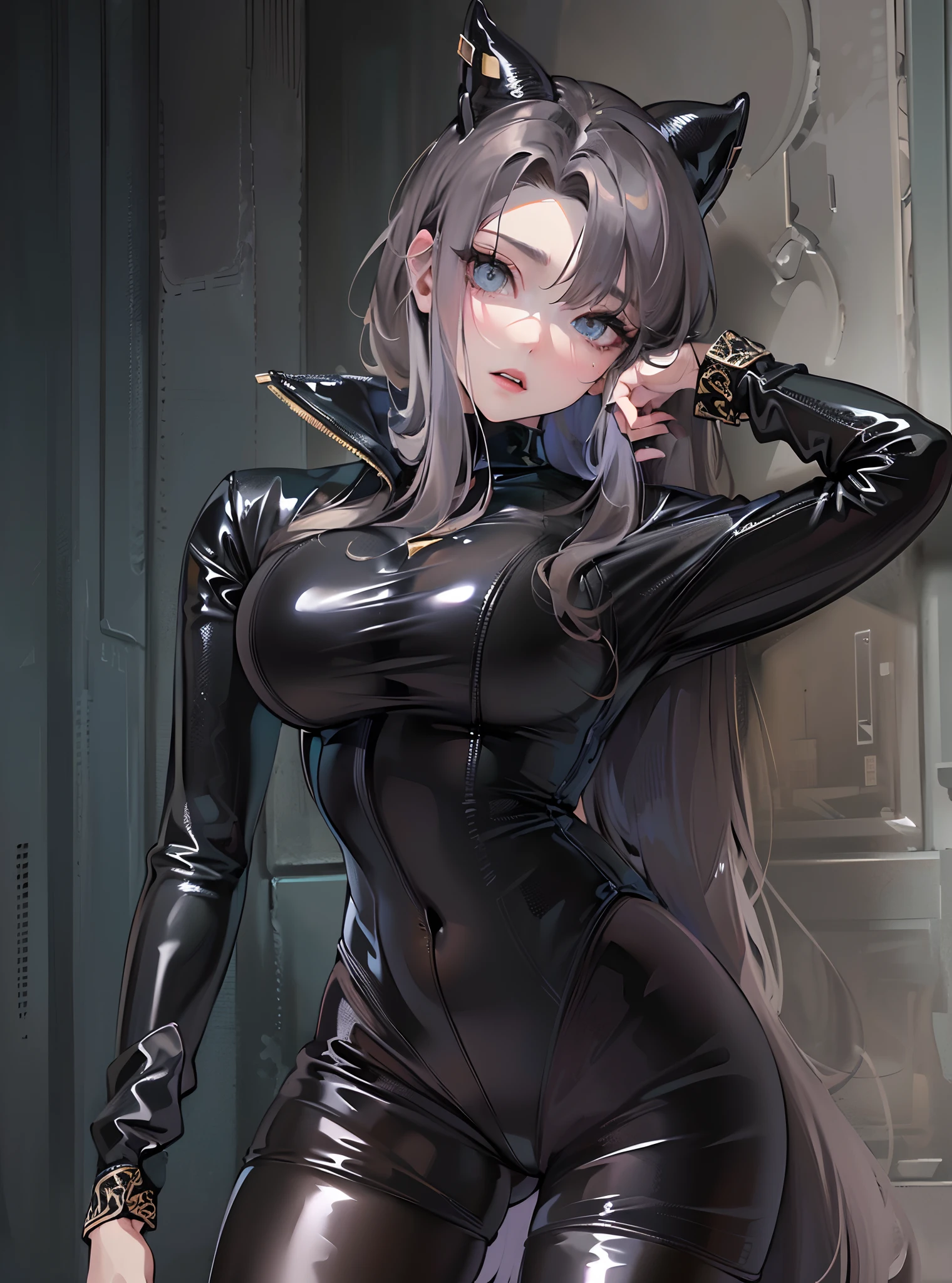 ((tmasterpiece)),(Best quality at best),(A half body),(ultra intricately detailed),(Highest definition),(8K),(Clean lines),(Perfect facial features,Perfect flesh),(offcial art),1girll,Great figure,((Squats,spread their legs,and hold your head in your hands)),(Black latex clothing),((super gigantic breasts))