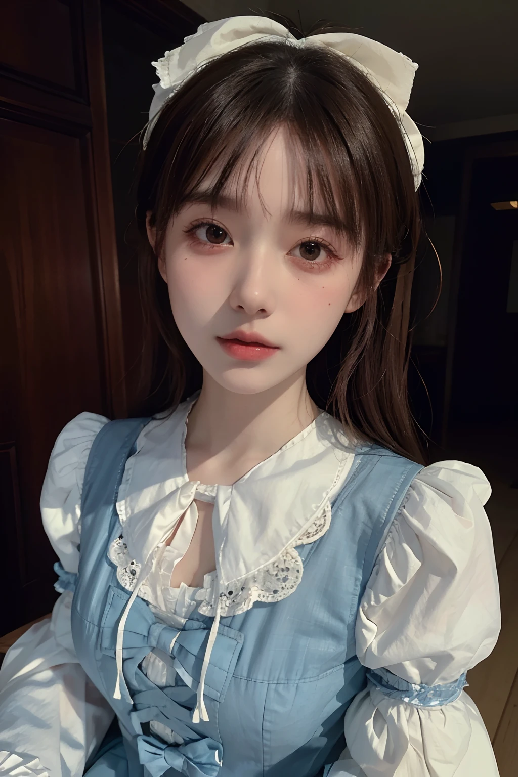 1girll, Masterpiece, Best quality, 8K, Detailed skin texture, Detailed cloth texture, Beautiful detailed face, Intricate details, Ultra detailed, alice in the wonderland, (A bow on the head:1.1), Upper body