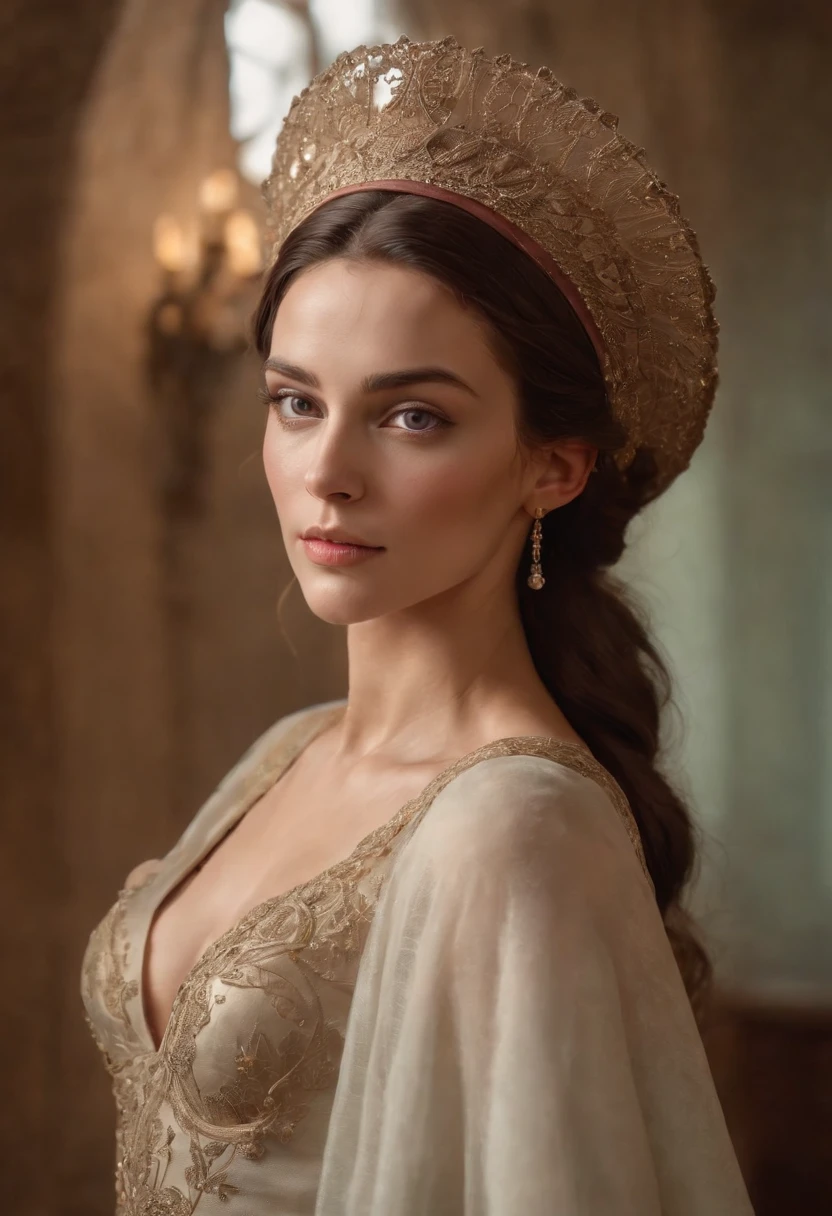Medieval, upper body,Photorealistic image of a gorgeous brunette woman wearing a tight formal gala-dress and a large chupalla-hat, hair in a bun, hair-bun, Colorants naturels, pose dynamique, Kinematic image, Expressive style Textured detail Gorgeous face, detailed skin, (Epic science-fiction heroine, fantasy world, Femme fatale, (inspired by Tomer hanuka, Victor Mosquera, jean giraud moebius)) Looking with purple eyes on camera, Rendu octane, Hdr, couvrir, unzoom, luminisme, Bar lighting, complexe, 8k Resolution Portrait Bioluminescens Fractal Isometry Details ,Stunning realistic photography,
