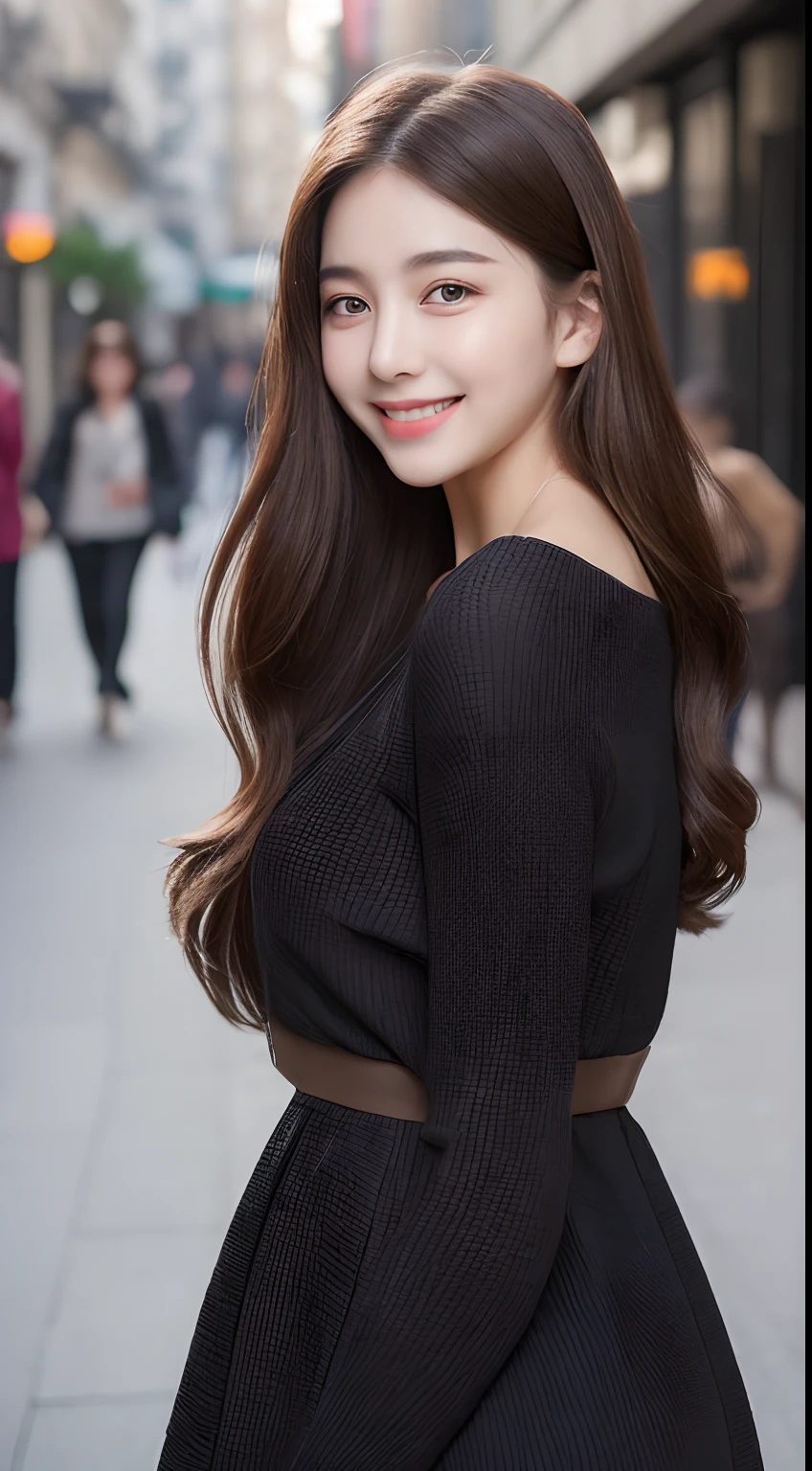 ((Best quality, 8k, Masterpiece :1.3)), 1girl, smiling, full body, slim face, Pretty woman, (Dark brown hair), full length dress :1.1, Ultra-detailed face, Detailed eyes, Double eyelid, blur background, slim face, city, outside, street,