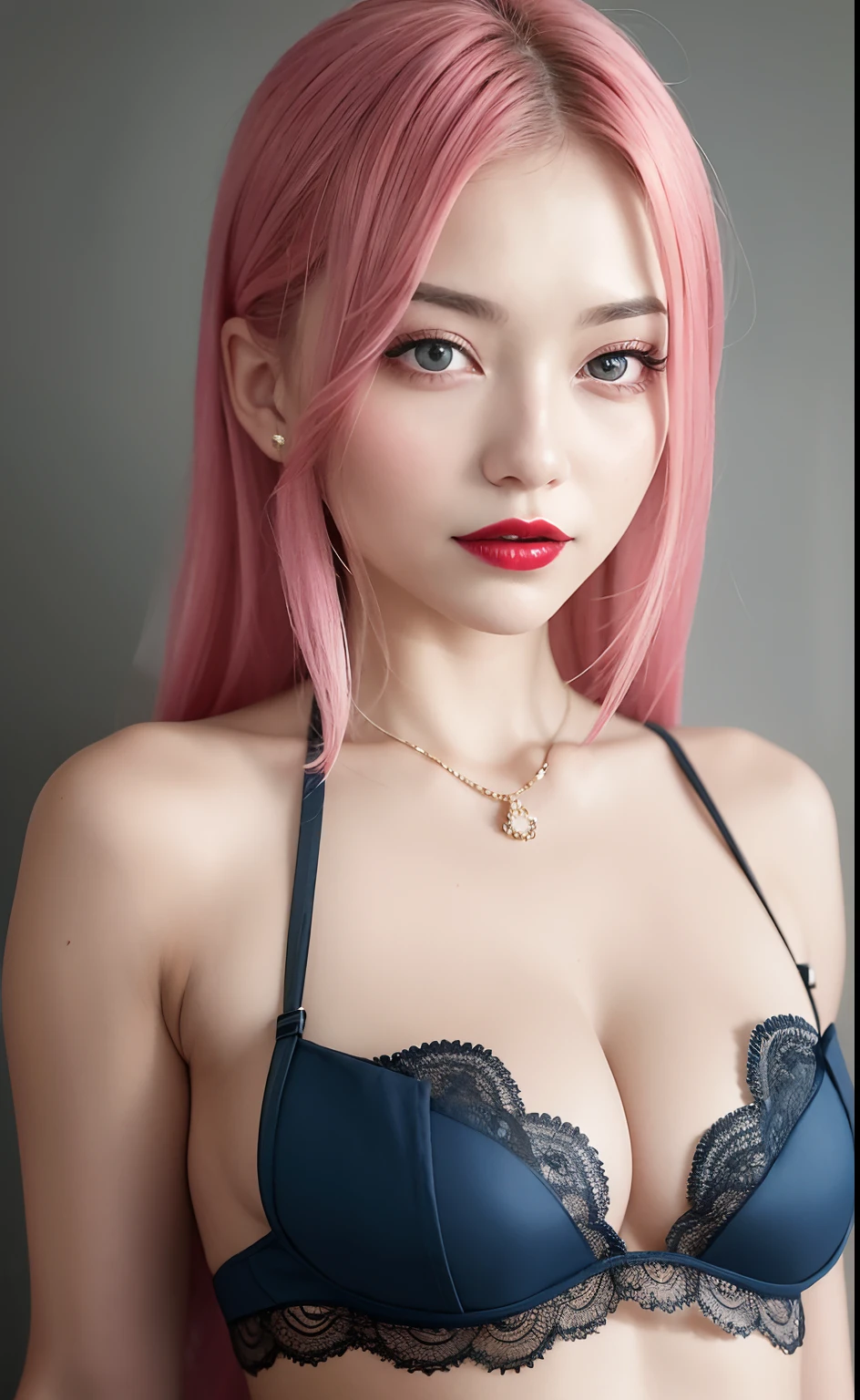 Best quality at best,超高分辨率,(真实感:1.4),(beuaty girl:1.4),(mediuml breasts:0.8),Detailed facial details,Beautiful detailed eyes,with pink hair,blue colored eyes,slim,haunting smile,(Makeup:0.3),Redlip,Very meticulous clothes