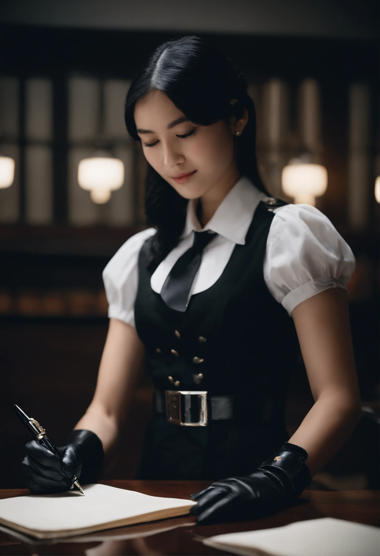 Wearing black leather gloves in both hands, upper body, black carabinieri uniform, shirt and tie, facing the desk in the modern study in the dark, looking down and smiling, writing a letter using a fountain pen, long straight black hair, young Japanese high school girl (black leather gloves cover both hands)
