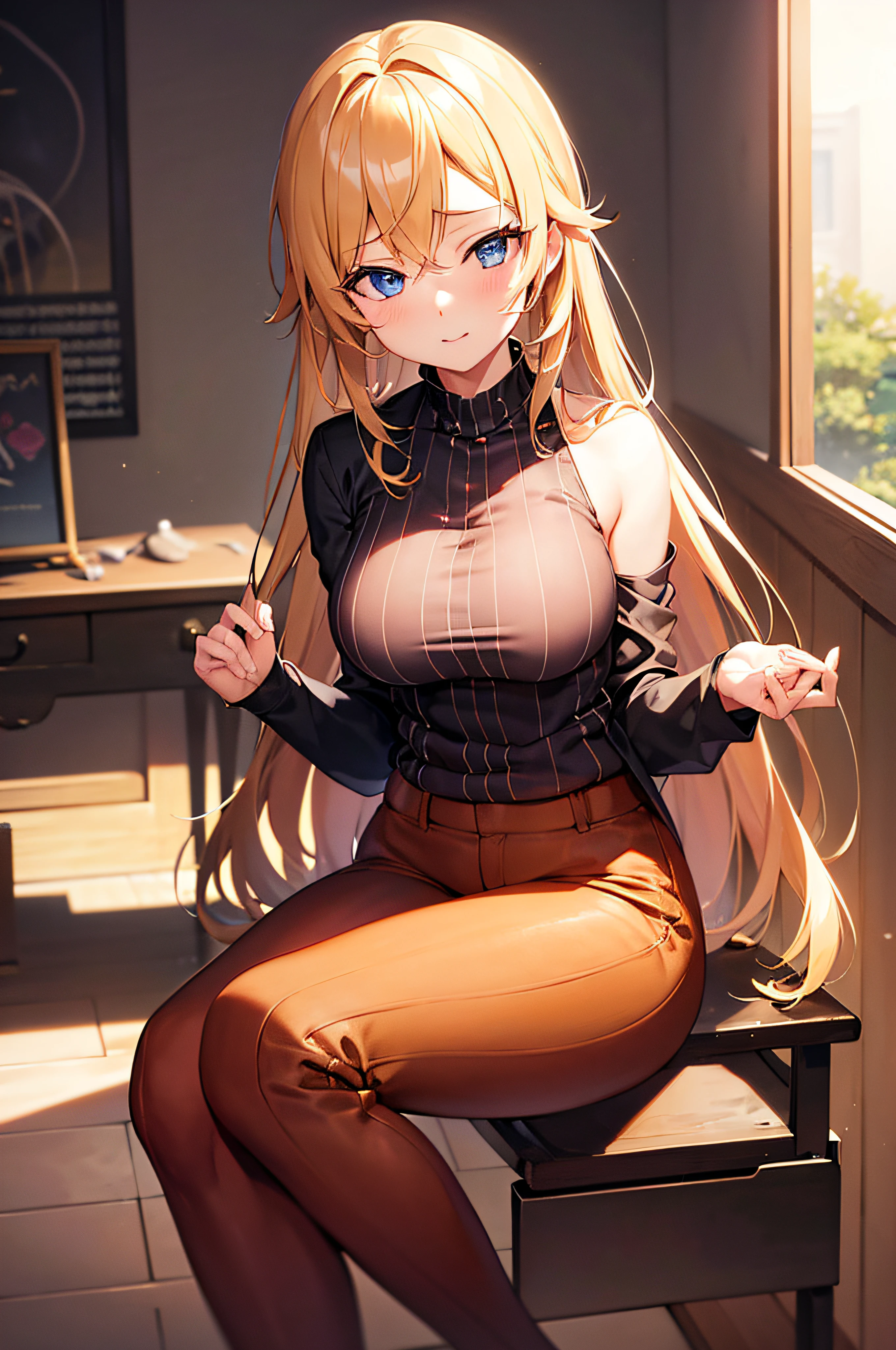 (masterpiece), best quality, expressive eyes, perfect face, anime girl with blonde shiny hair and sitting on a chair reading a book, seductive anime girl, medium_oppai, beautiful alluring anime woman, hajime yatate, female anime character, official anime still, beautiful alluring anime teen, anime best girl, attractive anime girl, oppai proportions, wearing pumpkin pants , 1 girl , seductive pose