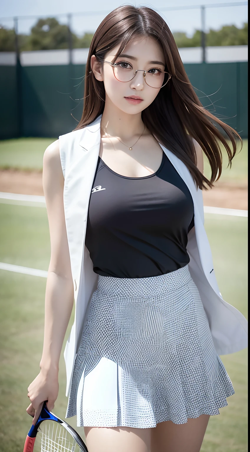 (8K, RAW photography, top-quality, tmasterpiece: 1.2), tmasterpiece, Super detail, 超A high resolution, (realistic and realistic photos: 1.37), high-definition RAW color photography, Extremely Delicately Beautiful, The is very detailed, astounding, detaileds, extremely detailed eye, highlydetailed skin, Extremely detailed fingers, Highly detailed nose, highly detail mouth, perfect anatomia,1girl in, Blurry, The background is blurred out, Blurred foreground, Blush, Colossal tits, depth of fields, Eyebrows visible through hair, hair between eye,Short hair, Solo, huge boob、乃木坂アイドル、韓国アイドル、女優、20yr old、女優、hposing Gravure Idol、1girl in、tennis wear、Sleeveless、pleatedskirt、Ultra mini skirt、tennis coat、Tennis、(wearing round glasses)