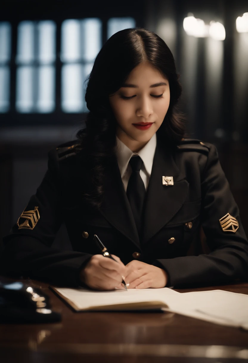 Wearing black leather gloves in both hands, upper body, black carabinieri uniform, shirt and tie, facing the desk in the modern study in the dark, looking down and smiling, writing a letter using a fountain pen, long straight black hair, young Japanese high school girl (black leather gloves cover both hands)