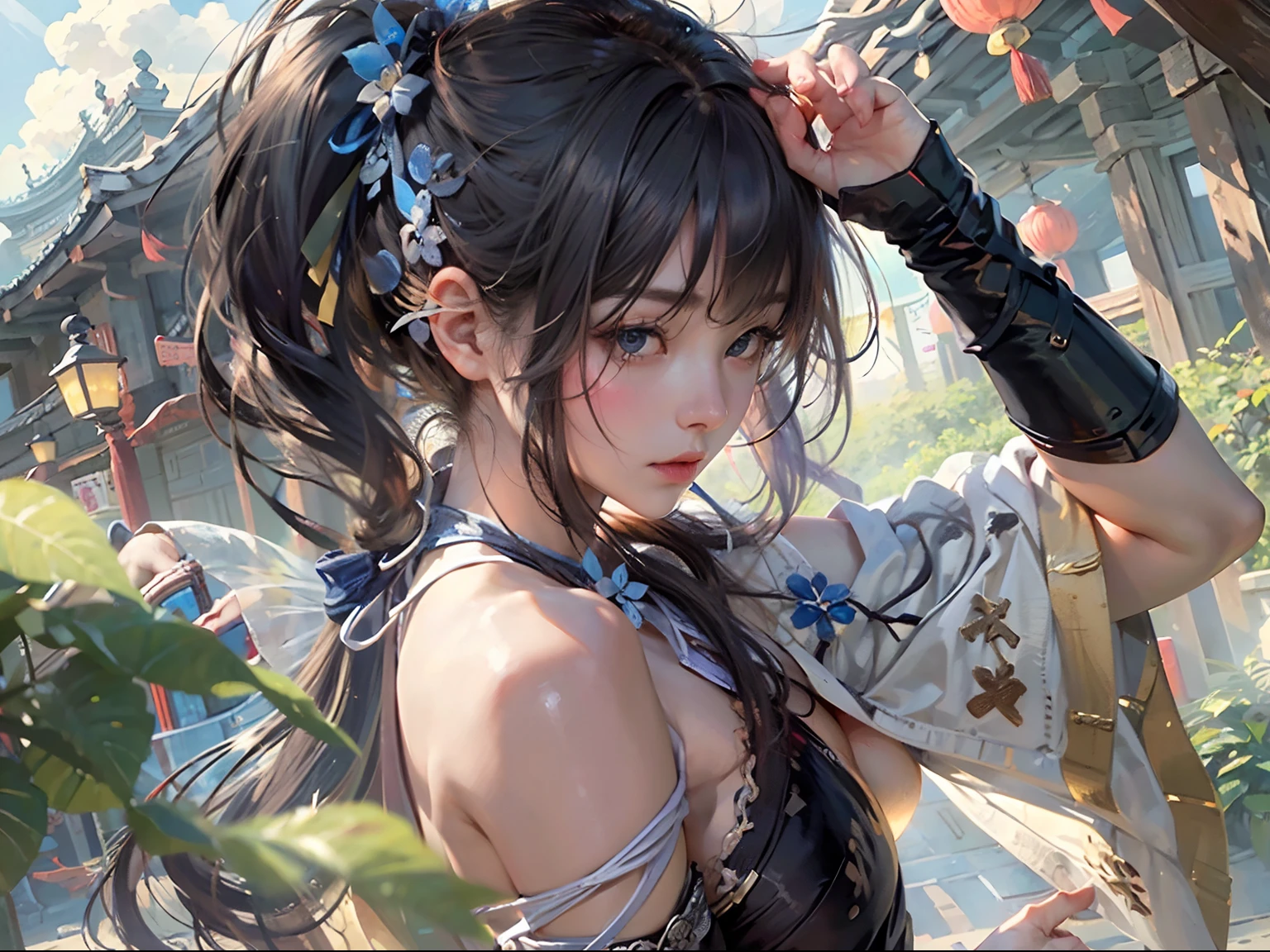 nsfw, 1girl, nude body, (masterpiece: 1.4), (8K, realistic, raw photo, best quality: 1.4), skirtlift, nipple areola shape clear, Japanese girl, beautiful cute face, (real face: 1.4), perfect pussy, view from below, bottom_view, beautiful hairstyle, realistic blue eyes, beautiful detail eyes, (real skin: 1.3), beautiful skin, attractive, ultra high resolution, ultra realistic, cinematic lighting, black colored hair, long hair, twin ponytails, blue ribbons, ancient china, eastern fantasy, sword and fairy, chinese garden with lanterns