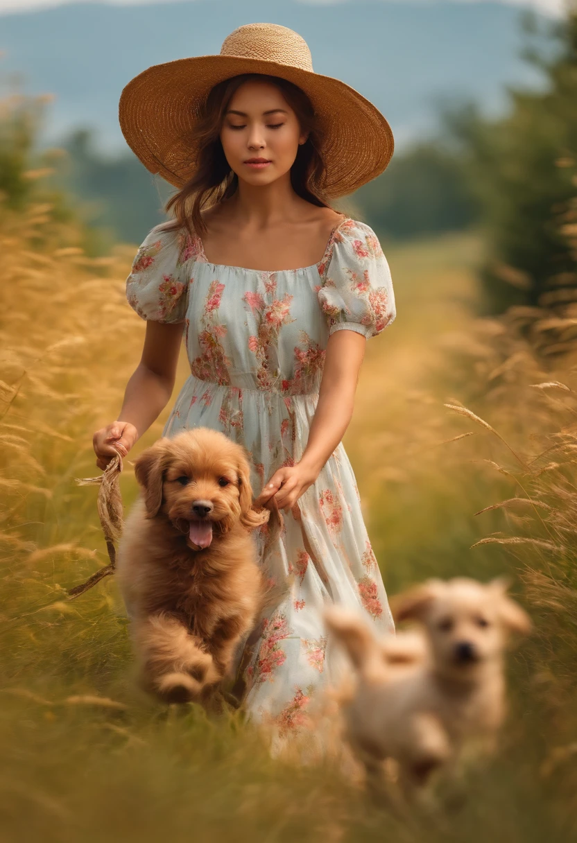 On a colorful meadow,One was wearing a long dress,Girl with straw hat running with puppy on dirt road,Niji style