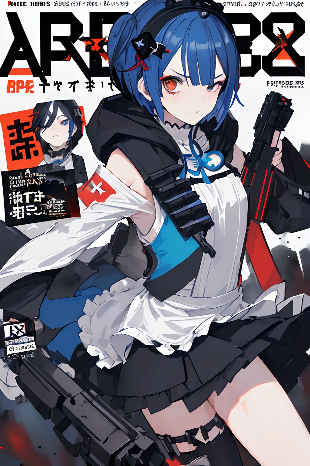 ((((Dramatic)))、(((gritty)))、(((vehement))She stands confidently.、、I have a determined look on my face。The background is dark and rough、Makes you feel danger and strength。The color palette is predominantly dark、There are splashes of bright colors、
(magazine:1.3), (cover-style:1.3), Blue-haired,Rezero、Maids、Remu、Hide one eye with hair、Wearing a hood。、(Apex:1.4)、Has a machine gun。