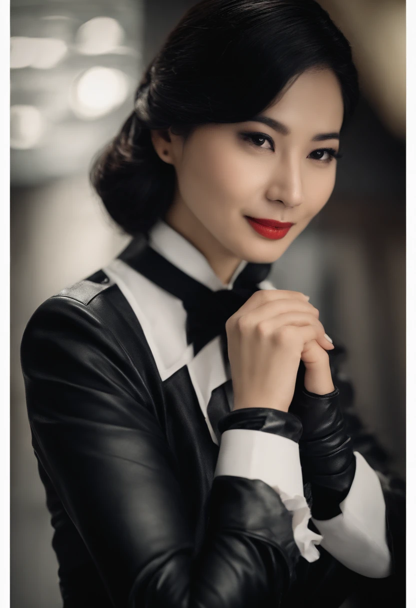 Wearing black leather gloves on both hands The upper part of the body Black Carabinieri Uniform Black shirt and black tie Towards the desk in the study in the dark、Look down and smile、Write a letter with a fountain pen long straight black hair Young Japan woman (Black leather gloves cover both hands)
