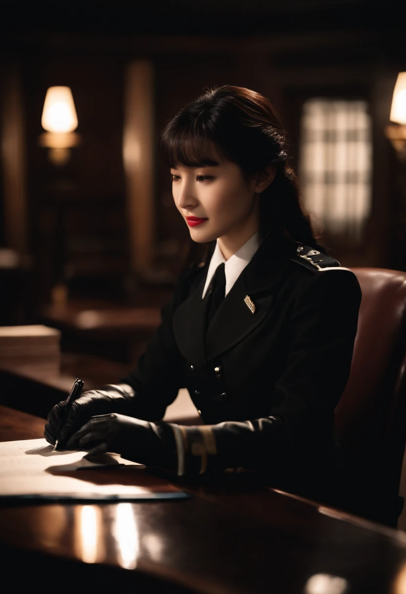 Wearing black leather gloves on both hands　The upper part of the body　Black Carabinieri Uniform　Black shirt and black tie　Towards the desk in the study in the dark、Look down and smile、Write a letter with a fountain pen　long straight black hair　Young Japan woman　(Black leather gloves cover both hands)