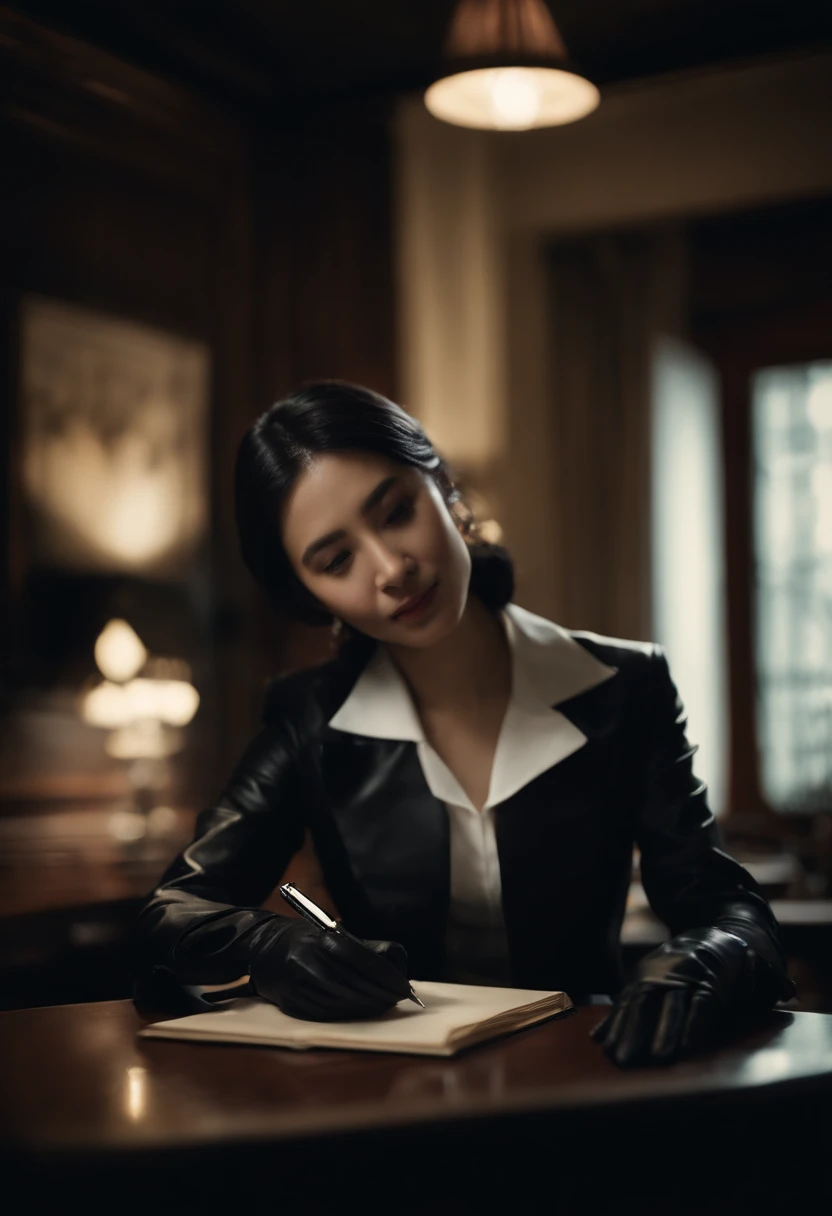 Wearing black leather gloves on both hands The upper part of the body Black Carabinieri Uniform Black shirt and black tie Towards the desk in the study in the dark、Look down and smile、Write a letter with a fountain pen long straight black hair Young Japan woman (Black leather gloves cover both hands)
