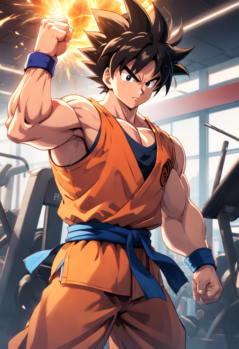 (gym scene) Goku powering up at the gym, intense training, muscular physique, sweat dripping, focused expression, flexing muscles, bulging biceps, ripped abs, heavyweights, vibrant energy, explosive power, dynamic movement, determination, passionate training, adrenaline rush, Super Saiyan aura, bright colors, vibrant atmosphere, gymscape, energy beams, intense workout, pushing limits, training montage, training like a warrior, peak physical condition, muscular definition, high-intensity training, sculpted physique, epic transformation, grit and determination, iconic pose, fiery energy, fierce determination, gym warrior, sculpting the perfect body, superhuman strength, pushing beyond limits, weightlifting mastery, incredible stamina, Goku's unstoppable spirit, the journey to greatness, boundless potential.