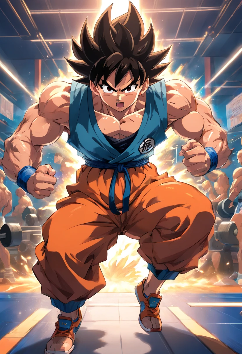 (gym scene) Goku powering up at the gym, intense training, muscular physique, sweat dripping, focused expression, flexing muscles, bulging biceps, ripped abs, heavyweights, vibrant energy, explosive power, dynamic movement, determination, passionate training, adrenaline rush, Super Saiyan aura, bright colors, vibrant atmosphere, gymscape, energy beams, intense workout, pushing limits, training montage, training like a warrior, peak physical condition, muscular definition, high-intensity training, sculpted physique, epic transformation, grit and determination, iconic pose, fiery energy, fierce determination, gym warrior, sculpting the perfect body, superhuman strength, pushing beyond limits, weightlifting mastery, incredible stamina, Goku's unstoppable spirit, the journey to greatness, boundless potential.