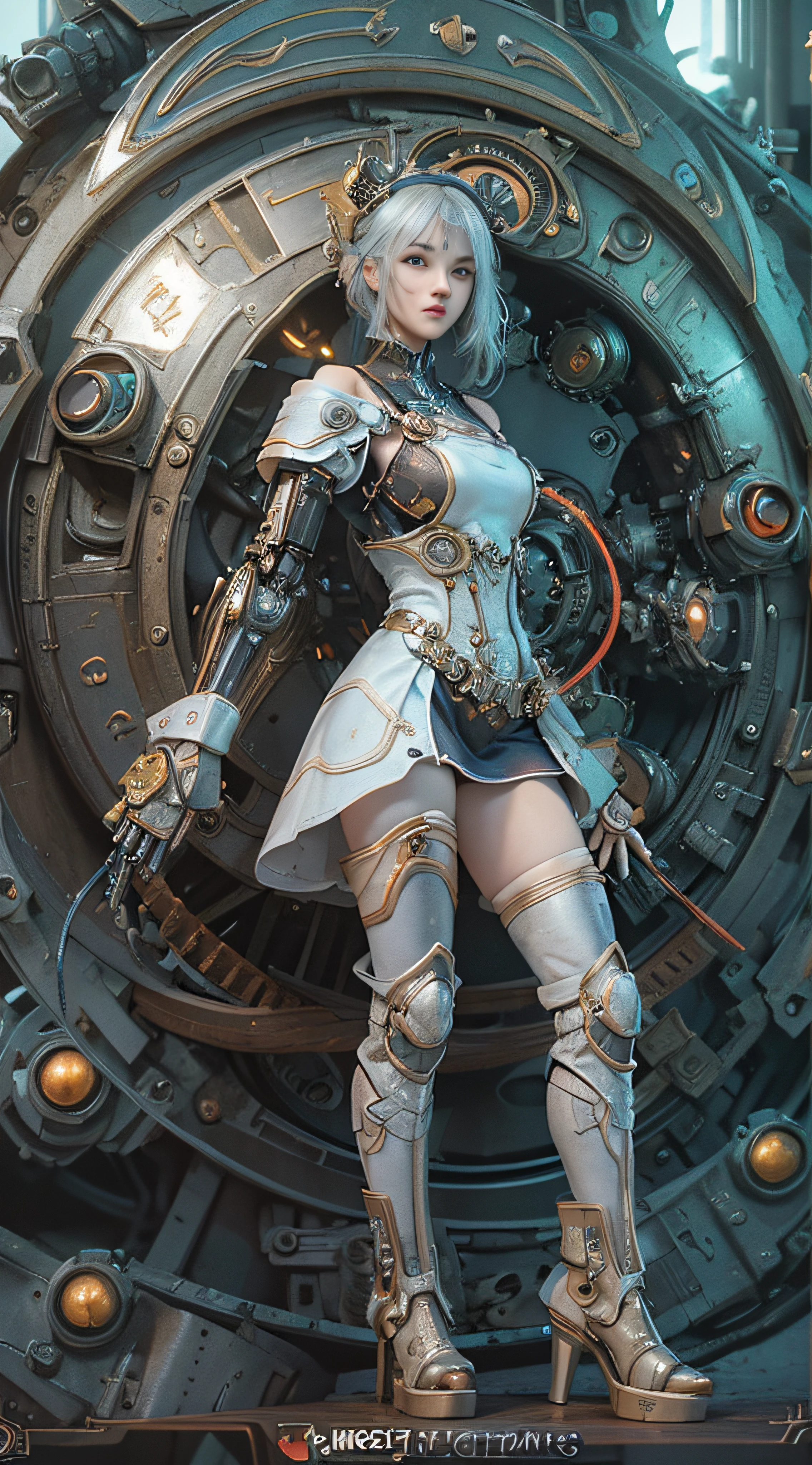masterpiece, top quality, ultra detailed))), (((ultra photo-realistic 3D))), (((dramatic leap in overall accuracy, producing ultra detailed and realistic images))), Complex mechanical cyborg woman, dynamic combat action pose, complex mechanical steampunk meets overdecorated gothic fashion, off the shoulder, fluttering mini skirt, complex mechanical temple steampunk headgear, very large eyes, very long eyelashes, silver hair blowing in the wind, very long thin arms, complex (((mechanical gloves, very long thin legs, long complex mechanical over the knee boots, Mandala neon glare, lots of crossed and scattered neon glare, huge weapons with very intricate mechanical devices, a very complex machine shop surrounded by flames, a very dark night background, very dramatic and cinematic lighting, HDR (High Dynamic Range), Ray Tracing, NVIDIA RTX, Super Resolution, Unreal 5, Subsurface Scattering, PBR Texturing, Post-Processing, Anisotropic Filtering, Depth of Field, Maximum Clarity and Sharpness, Multilayer Textures, Albedo and Specular Maps, Surface Shading, Accurate Simulation Light Material Interaction, Perfect Proportions, Octane Rendering, Two-Tone Lighting, Wide Aperture, Low ISO, White Balance, Rule of Thirds, 16K RAW,