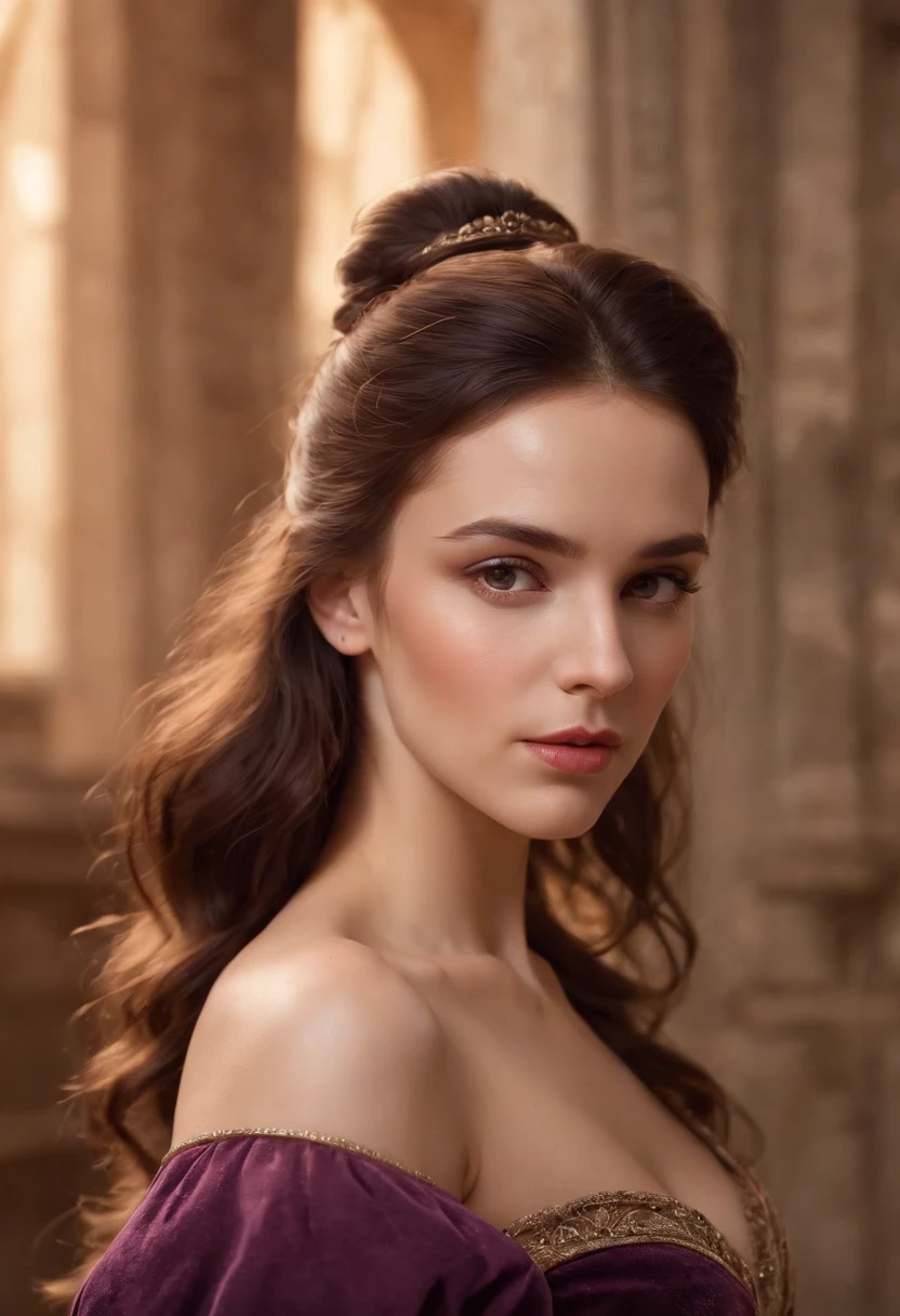 Medieval, upper body,Photorealistic image of a gorgeous brunette woman wearing a tight formal gala-dress and a large chupalla-hat, hair in a bun, hair-bun, Colorants naturels, pose dynamique, Kinematic image, Expressive style Textured detail Gorgeous face, detailed skin, (Epic science-fiction heroine, fantasy world, Femme fatale, (inspired by Tomer hanuka, Victor Mosquera, jean giraud moebius)) Looking with purple eyes on camera, Rendu octane, Hdr, couvrir, unzoom, luminisme, Bar lighting, complexe, 8k Resolution Portrait Bioluminescens Fractal Isometry Details ,Stunning realistic photography,