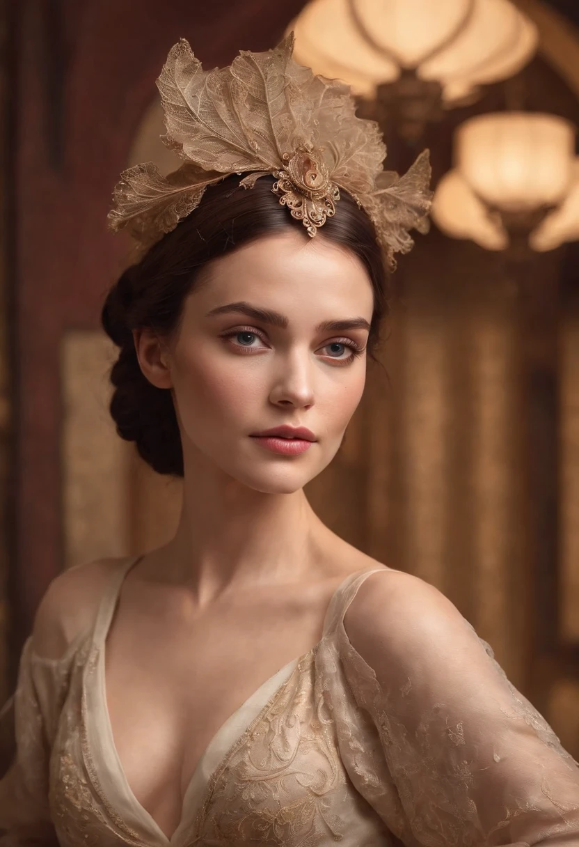 Medieval, upper body,Photorealistic image of a gorgeous brunette woman wearing a tight formal gala-dress and a large chupalla-hat, hair in a bun, hair-bun, Colorants naturels, pose dynamique, Kinematic image, Expressive style Textured detail Gorgeous face, detailed skin, (Epic science-fiction heroine, fantasy world, Femme fatale, (inspired by Tomer hanuka, Victor Mosquera, jean giraud moebius)) Looking with purple eyes on camera, Rendu octane, Hdr, couvrir, unzoom, luminisme, Bar lighting, complexe, 8k Resolution Portrait Bioluminescens Fractal Isometry Details ,Stunning realistic photography,