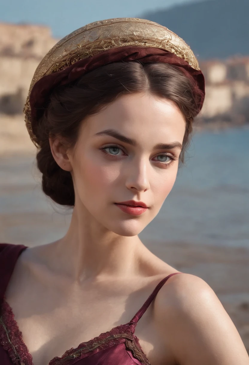 Medieval, upper body,Photorealistic image of a gorgeous brunette woman wearing a tight formal gala-dress and a large chupalla-hat, hair in a bun, hair-bun, Colorants naturels, pose dynamique, Kinematic image, Expressive style Textured detail Gorgeous face, detailed skin, (Epic science-fiction heroine, fantasy world, Femme fatale, (inspired by Tomer hanuka, Victor Mosquera, jean giraud moebius)) Looking with purple eyes on camera, Rendu octane, Hdr, couvrir, unzoom, luminisme, Bar lighting, complexe, 8k Resolution Portrait Bioluminescens Fractal Isometry Details ,Stunning realistic photography,
