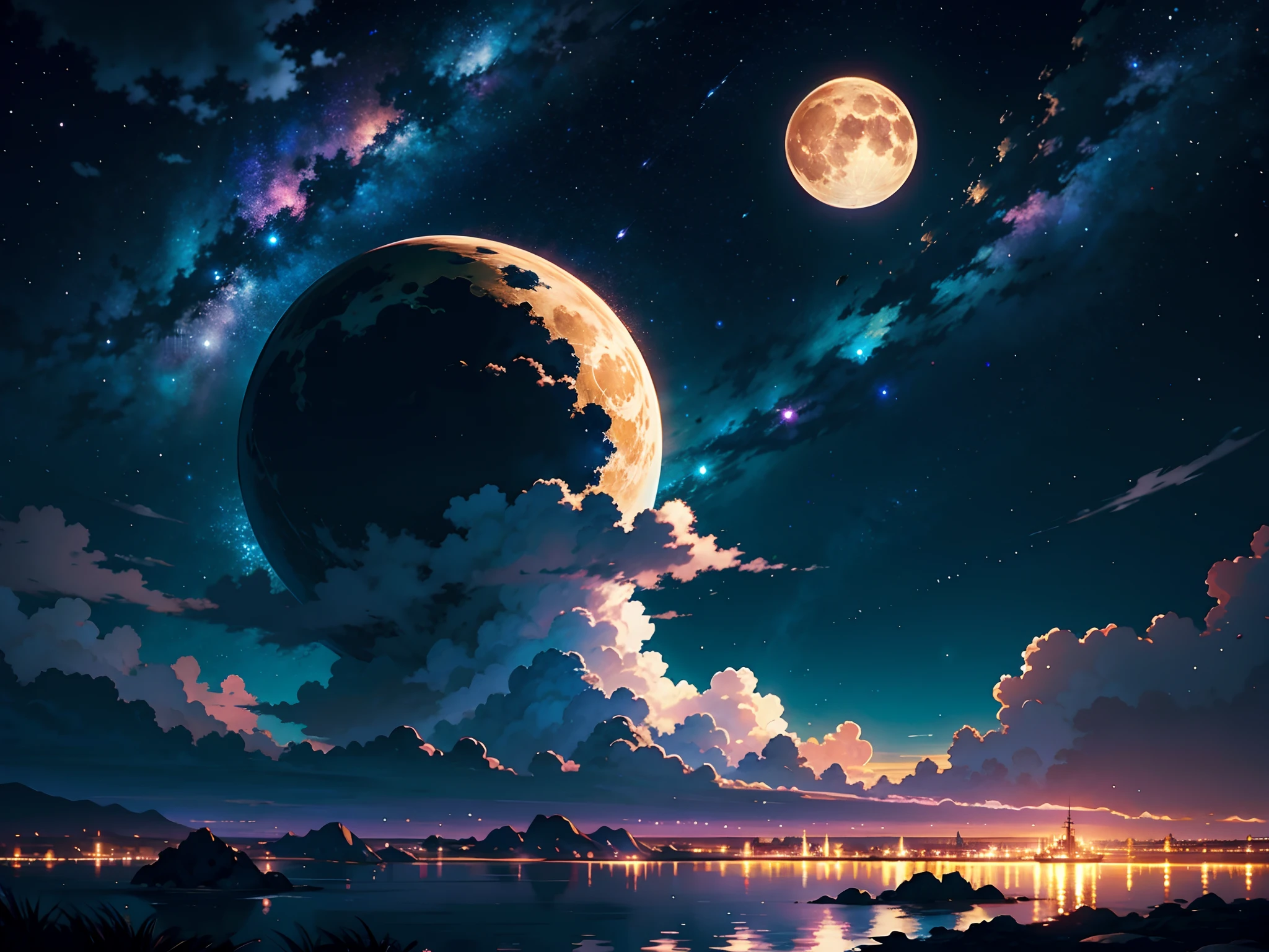 A painting of a river with stars and moon in the sky, concept art inspired by Tosa Mitsuoki, pixiv contest winner, best quality, fantasy art, beautiful anime scene, golden moon. A bright moon, starry sky environment under the moonlight, dream painting, anime background art, fantasy landscape art, dreamy night, anime background, background artwork, dreamy art, atmospheric anime, starry sky, details enhanced.