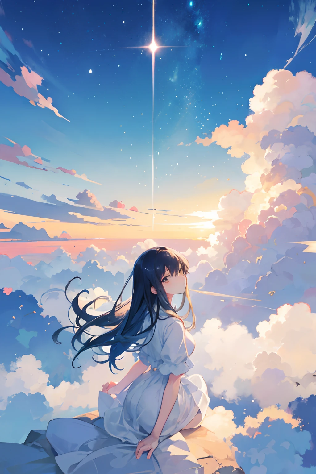 Create exquisite illustrations reminiscent of Makoto Shinkai's style, It has ultra-fine details and top-notch quality. Create an illustration depicting children lying on a bed of clouds, The sky above them is、Seductively capricious、Nostalgic and calm. Clouds serve as a comfortable haven for them, Allows them to gaze peacefully at the world below. The sky itself exudes an aura of enchantment and nostalgia, Dreamy casting, hazy atmospheres. When they float above earthly worries、It's a moment of quiet bliss, Lost in the world of one's own imagination. This scene is、zora々Capturing the essence of wonder, Dream of cloudy landscape, Eta、The timeless charm of the sky