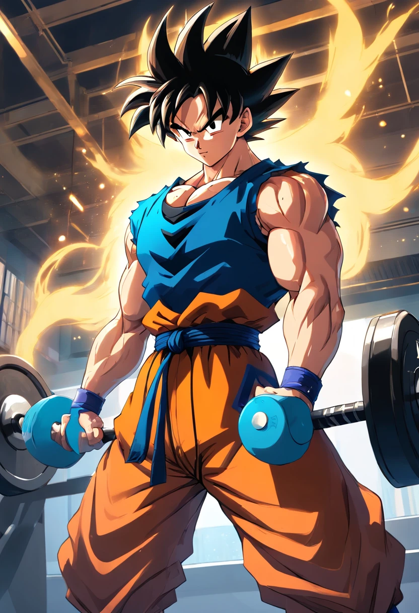 (highres,masterpiece:1.2),goku training at a bodybuilding gym,strong muscular man,impressive muscular physique,strong arms and legs,heavyweights,weightlifting equipment,weight plates and barbells,gym mirrors,exhaustive workout routine,intense sweat and determination,steely focus,goku's iconic spiky hair,goku's fierce expression,athletic energy,goku's orange and blue gi,well-defined muscles,rippling biceps and toned abs,bulging veins in arms,hardcore gym atmosphere,dumbbells and kettlebells,indoor gym lighting,gritty gym floor,wall-mounted pull-up bar,goku's vibrant aura,powerful aura radiating from goku's body,determined stare,unyielding will,dragon ball super styling,colorful and vibrant artwork,strong and dynamic lighting,blurred motion in the background,isolated gym setting,perfectly sculpted physique,glistening sweat on goku's body,muscle definition in every detail,inspiring motivation and perseverance.