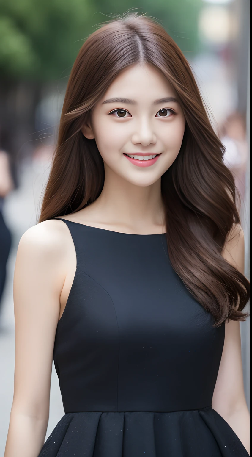 ((Best quality, 8k, Masterpiece :1.3)), 1girl, smiling, full body, slim face, Pretty woman, (Dark brown hair), full length dress :1.1, Ultra-detailed face, Detailed eyes, Double eyelid, blur background, slim face, city, outside, street,