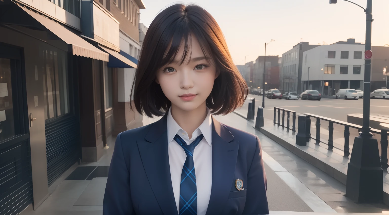 (The background is filled with a simple blue design pattern in 2D), (Formal jacket dark blue), Girl placed on the right, The theme color is blue, masutepiece, Super Detail, High quality, awardwinning, 8K, (girl), Solo, Smiling, High School Uniform, White shirt, Short tie, Short pleated skirt is plaid, Half body shot, Shooting from the front, Detailed fingers, romantic, Cinematic Light