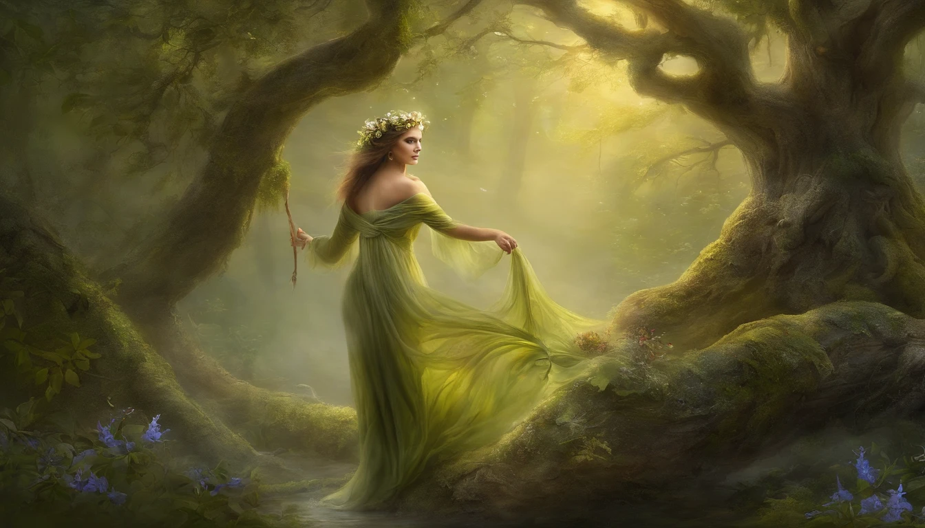 (Best quality,4K,8k,high resolucion,Masterpiece:1.2),Ultra-detailed,(Realstic,photoreallistic,photo-realistic:1.37),woods,Captivating female creature Dryad,Enchanted Ethereal Landscape,lush vegetation,majestueux arbres centenaires,Magical sunlight passing through the branches,mousse douce et rougeoyante couvrant le sol,pale transparent wings,delicate flowers blooming around her,Fascinating eyes that emit a soft glow,Expression sereine,pose gracieuse,Artistic interpretation,Palette de couleurs subtile,Mystical atmosphere,Playful and whimsical elements,Bewitching presence,Harmonious blend of the dryad with its environment,Sensation de fantaisie immersive,Natural and realistic lighting