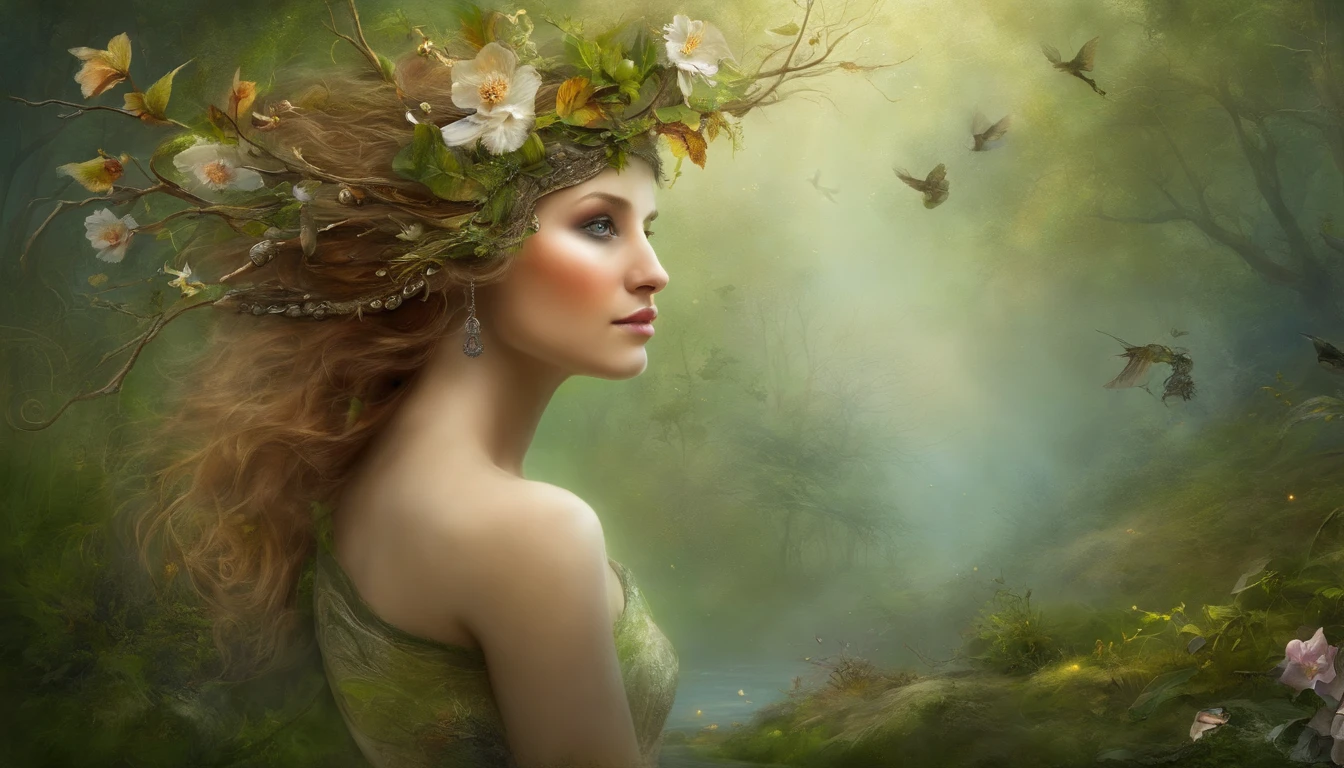 (Best quality,4K,8k,high resolucion,Masterpiece:1.2),Ultra-detailed,(Realstic,photoreallistic,photo-realistic:1.37),woods,Captivating female creature Dryad,Enchanted Ethereal Landscape,lush vegetation,majestueux arbres centenaires,Magical sunlight passing through the branches,mousse douce et rougeoyante couvrant le sol,pale transparent wings,delicate flowers blooming around her,Fascinating eyes that emit a soft glow,Expression sereine,pose gracieuse,Artistic interpretation,Palette de couleurs subtile,Mystical atmosphere,Playful and whimsical elements,Bewitching presence,Harmonious blend of the dryad with its environment,Sensation de fantaisie immersive,Natural and realistic lighting