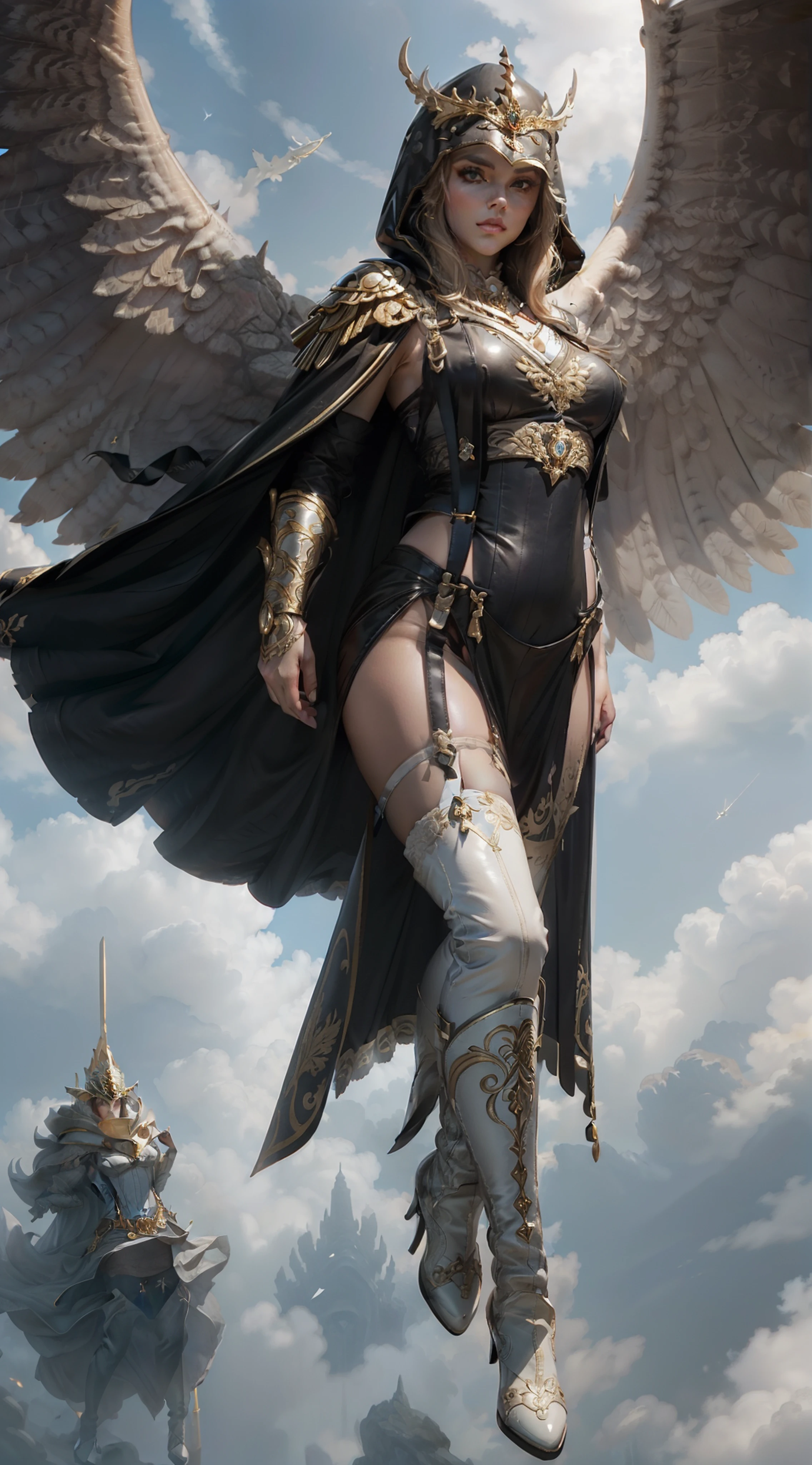 winged, Engel, Engelskrieger, ((full entire body:2)),((((full-body shot)))), detailreich, episch, ((sie fliegt am Himmel unter den Wolken)), ((sprung Haltung)), voluptuous hips and thighs, Blondes helles Haar, Albin Queen wears shoulder pads made of black steel, which are modeled after the heads of dragons and decorated with shimmering silver decorations and ornaments, She wears a simple dark gray cape with blue lining and a large hood, blaue Augen, wahnsinnig realistischen Grafiken, detaillierten Details, It wears an ultra-realistic and very detailed ((long royal black dress)), She wears ((black stockings with suspenders)), She wears ((Knee-high white leather boots with heel)) mit markanten silber Ornamenten, Lichtkegel scheinen durch die Wolken auf sie herab und lassen ihre ganze Gestalt erstrahlen, A blue rose blossom protrudes from her dress at the chest,