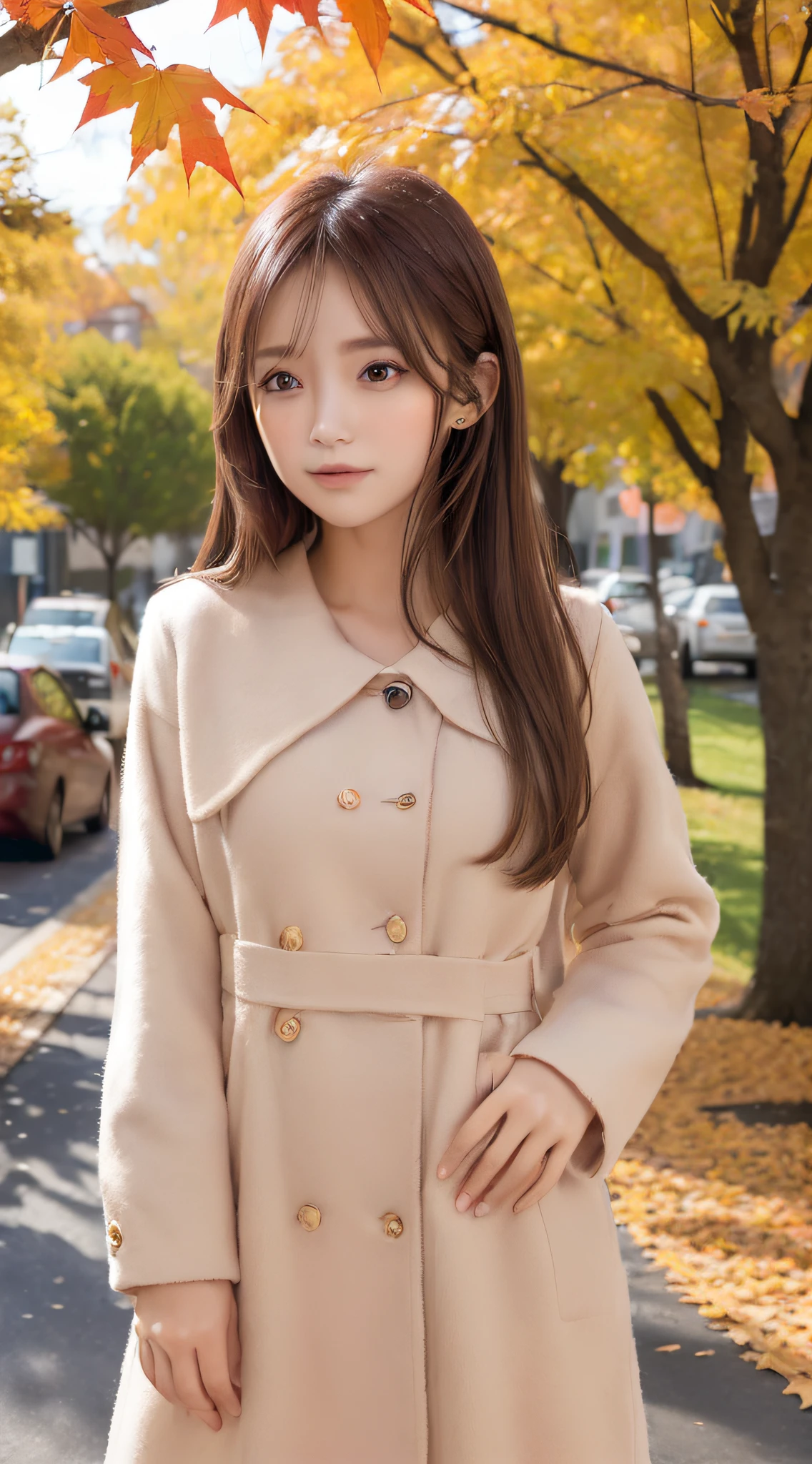 1womanl, (up of face:2.0), light brown hair, Blunt bangs, hair behind ear, hair over shoulder, Long hair, Ultra Fine Face, Thin face, Delicate lips, (beautidful eyes:1.5), thin blush, eyes are light brown,View here, Ultra-thin hands, Ultra-fine fingers, best ratio four finger and one thumb, Beige half coat , panthyhose, Street trees with autumn leaves ,One-person viewpoint, 8K, masutepiece, nffsw, Super Detail, High quality, Best Quality, hight resolution,