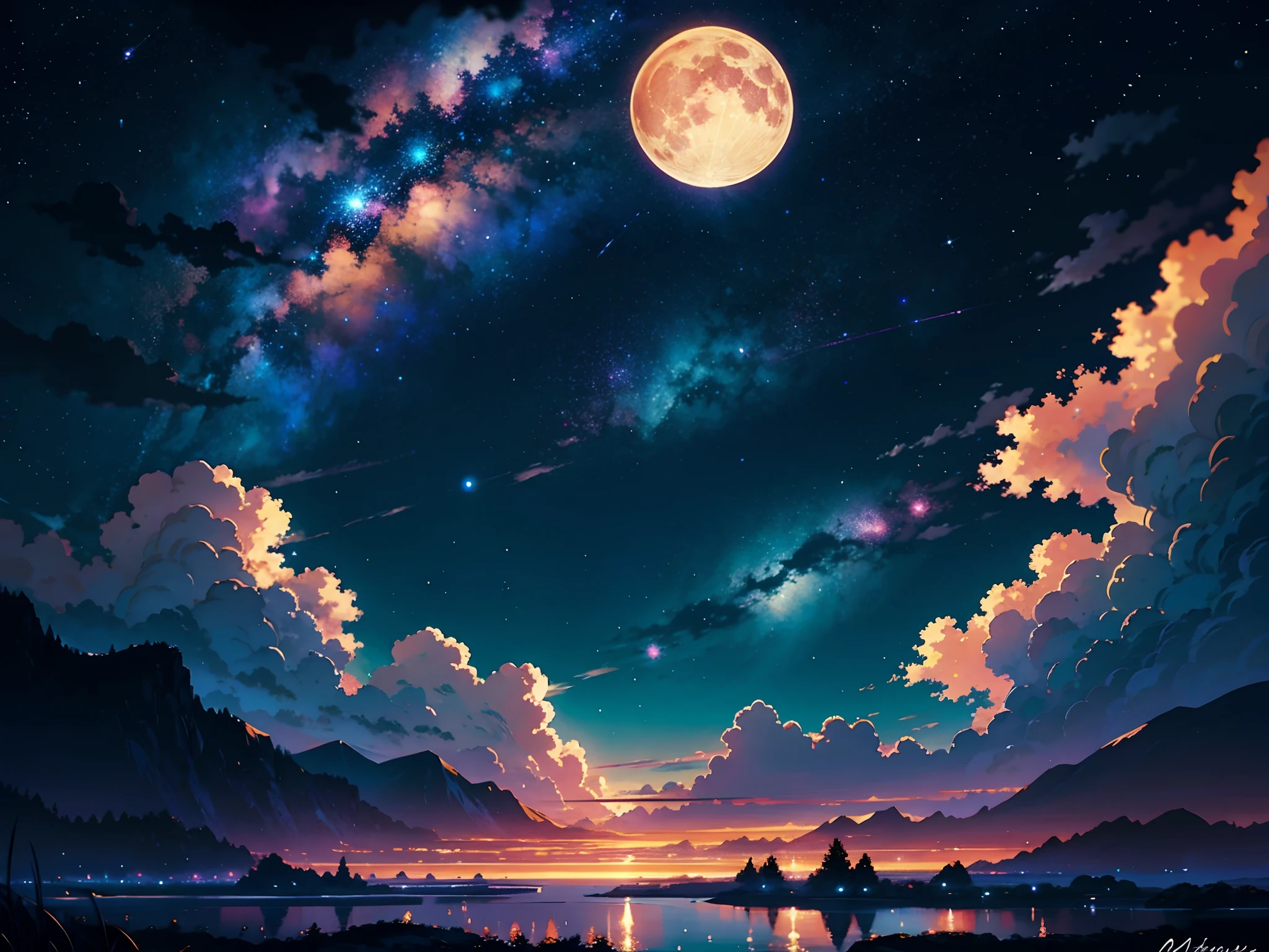 A painting of a river with stars and moon in the sky, concept art inspired by Tosa Mitsuoki, pixiv contest winner, best quality, fantasy art, beautiful anime scene, golden moon. A bright moon, starry sky environment under the moonlight, dream painting, anime background art, fantasy landscape art, dreamy night, anime background, background artwork, dreamy art, atmospheric anime, starry sky, details enhanced.