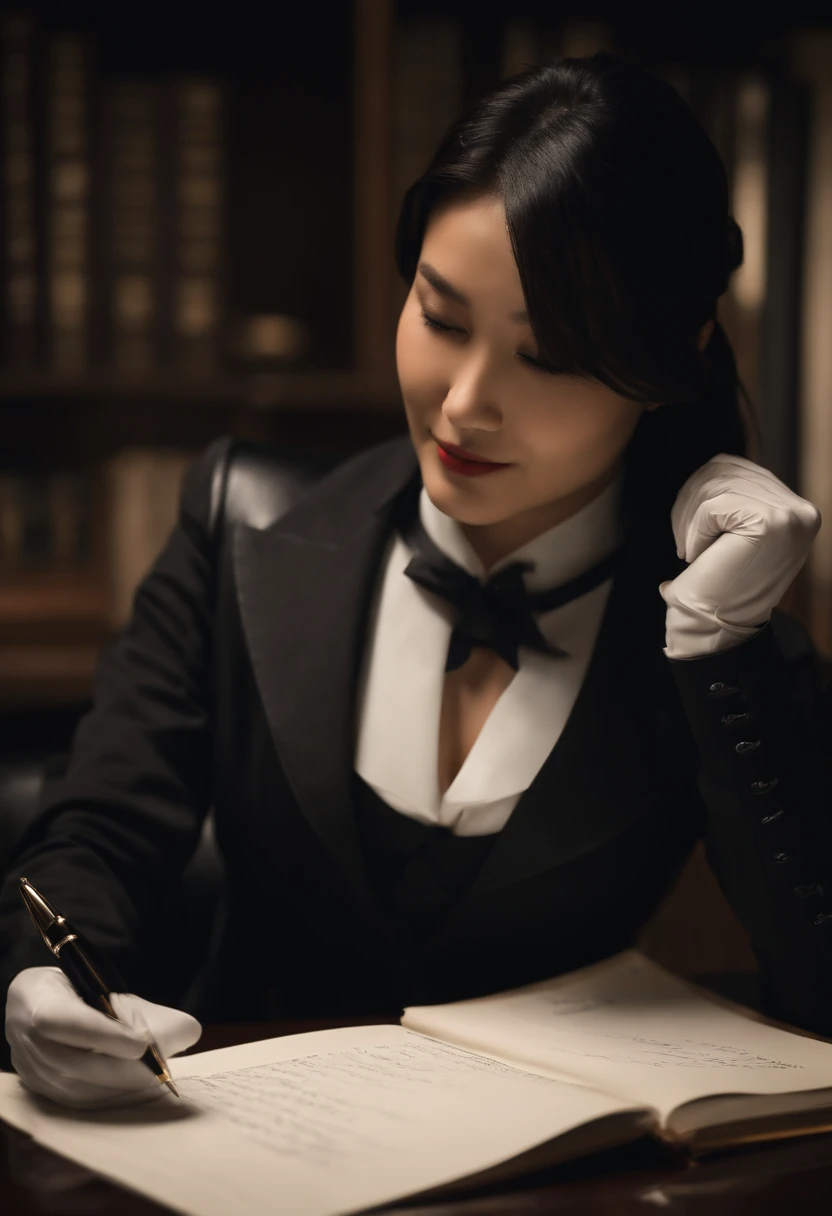Wearing black leather gloves in both hands, upper body, black carabinieri uniform, black shirt and black tie, facing the desk in the modern study in the dark, looking down and smiling, writing a letter using a fountain pen, long, straight black hair, young Japanese woman (black leather gloves cover both hands)