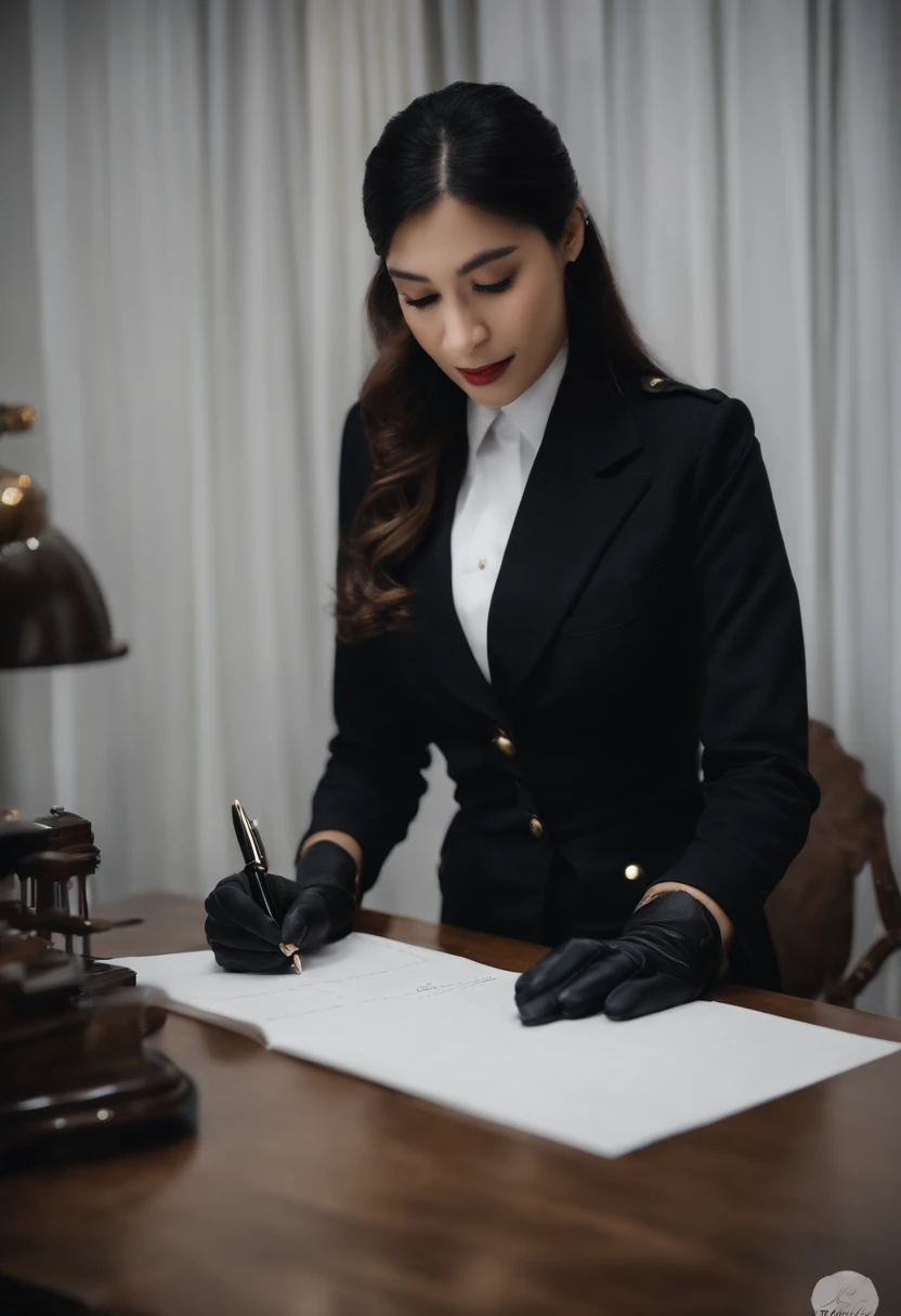 Wearing black leather gloves in both hands, upper body, black carabinieri uniform, black shirt and black tie, facing the desk in the modern study in the dark, looking down and smiling, writing a letter using a fountain pen, long, straight black hair, young Japanese woman (black leather gloves cover both hands)