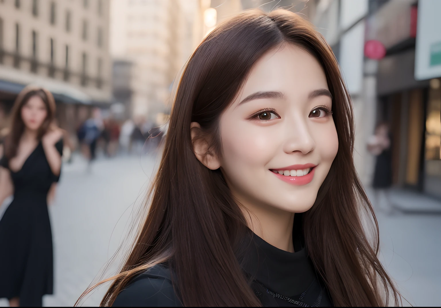 ((Best quality, 8k, Masterpiece :1.3)), 1girl, smiling, full body, slim face, Pretty woman, (Dark brown hair), full length dress :1.1, Ultra-detailed face, Detailed eyes, Double eyelid, blur background, slim face, city, outside, street,