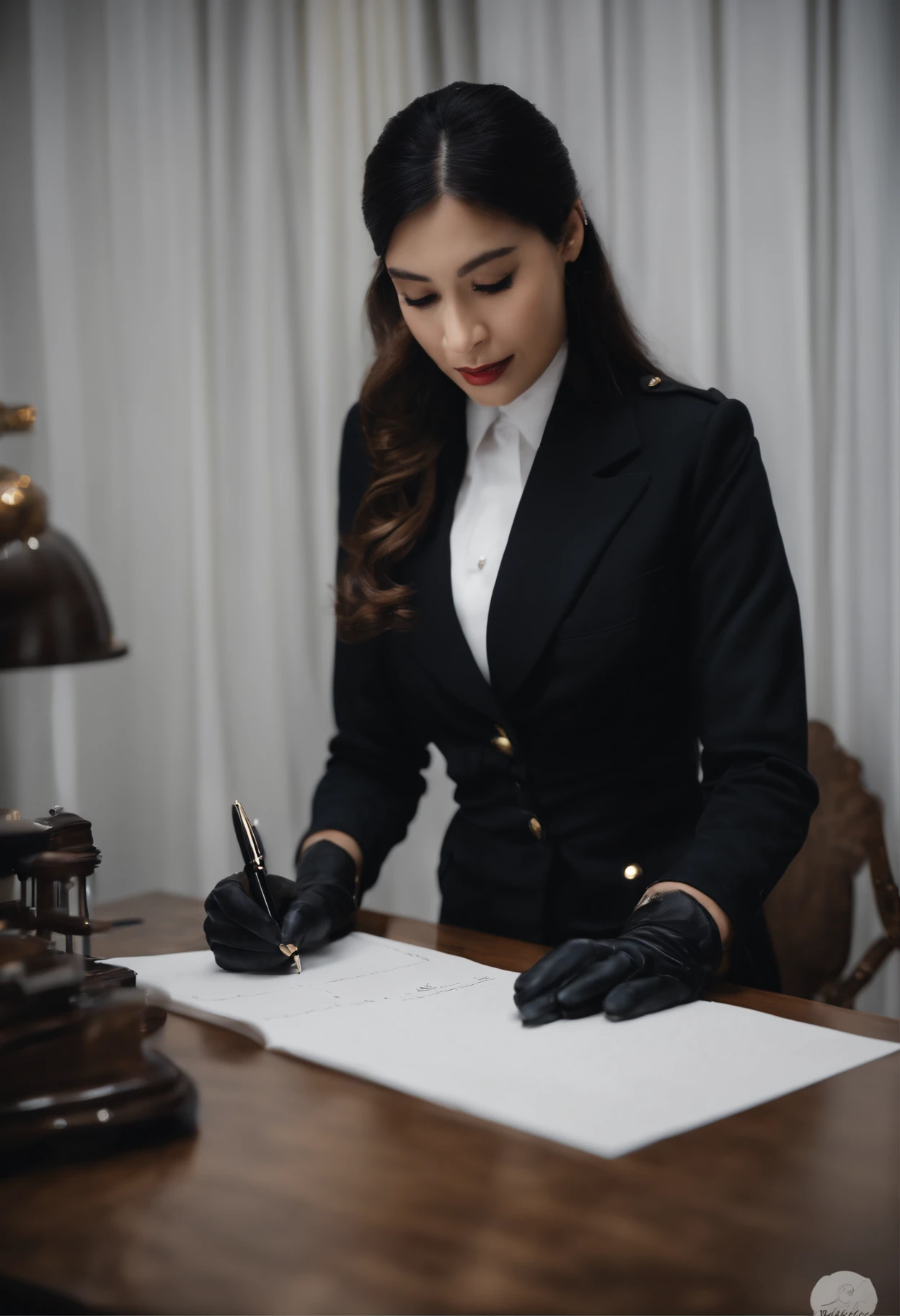 Wearing black leather gloves in both hands, upper body, black carabinieri uniform, black shirt and black tie, facing the desk in the modern study in the dark, looking down and smiling, writing a letter using a fountain pen, long, straight black hair, young Japanese woman (black leather gloves cover both hands)