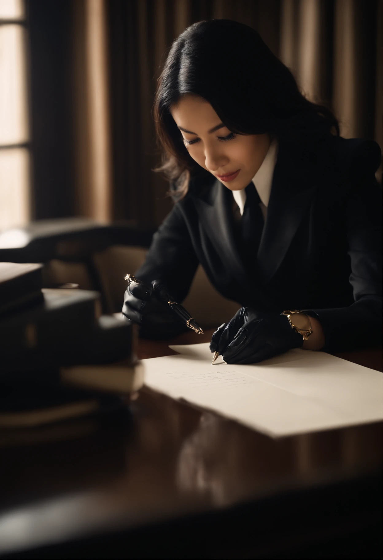Wearing black leather gloves in both hands, upper body, black carabinieri uniform, black shirt and black tie, facing the desk in the modern study in the dark, looking down and smiling, writing a letter using a fountain pen, long, straight black hair, young Japanese woman (black leather gloves cover both hands)